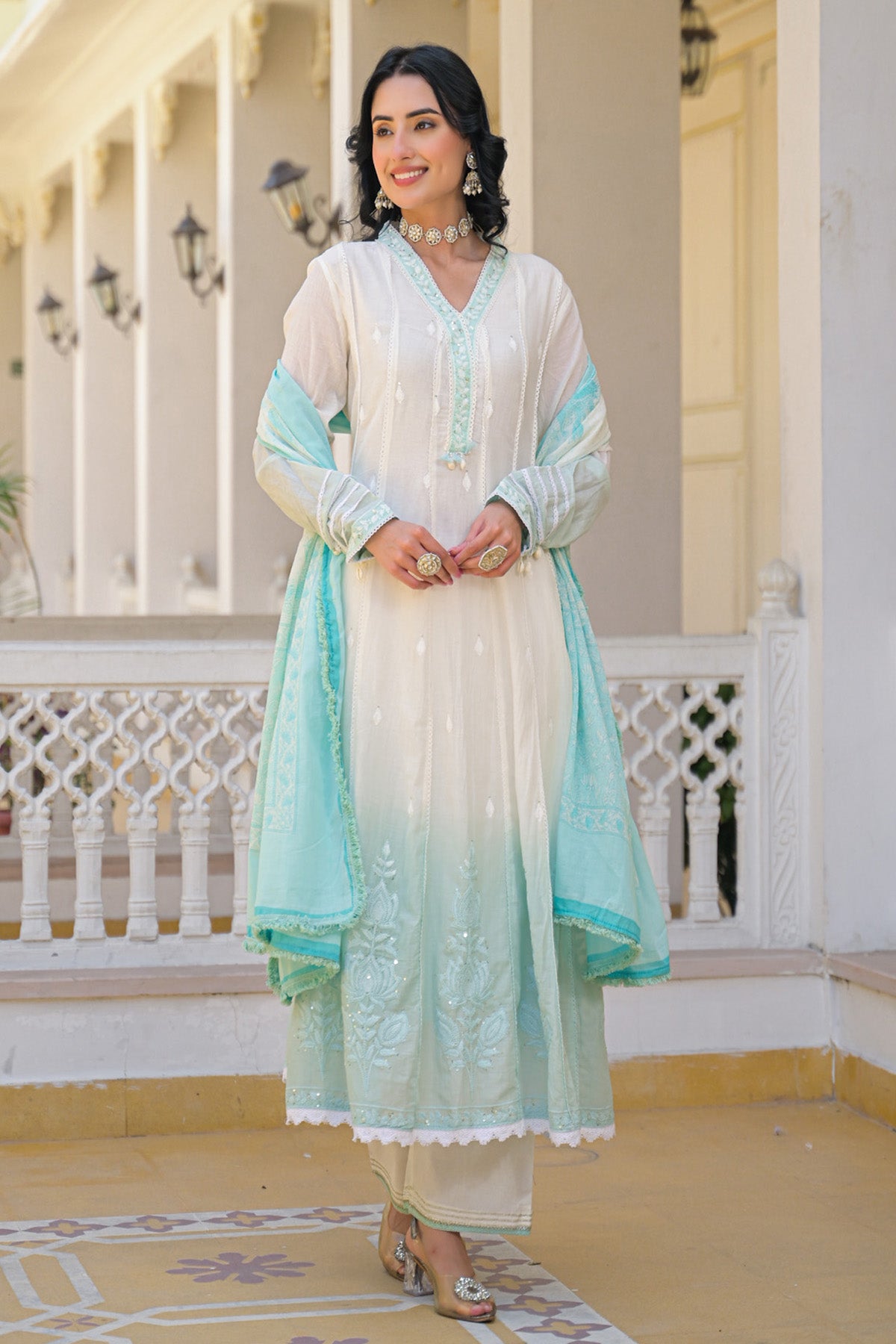 Sky Blue Mul Mul Embroidered Anarkali Suit Set With Dupatta