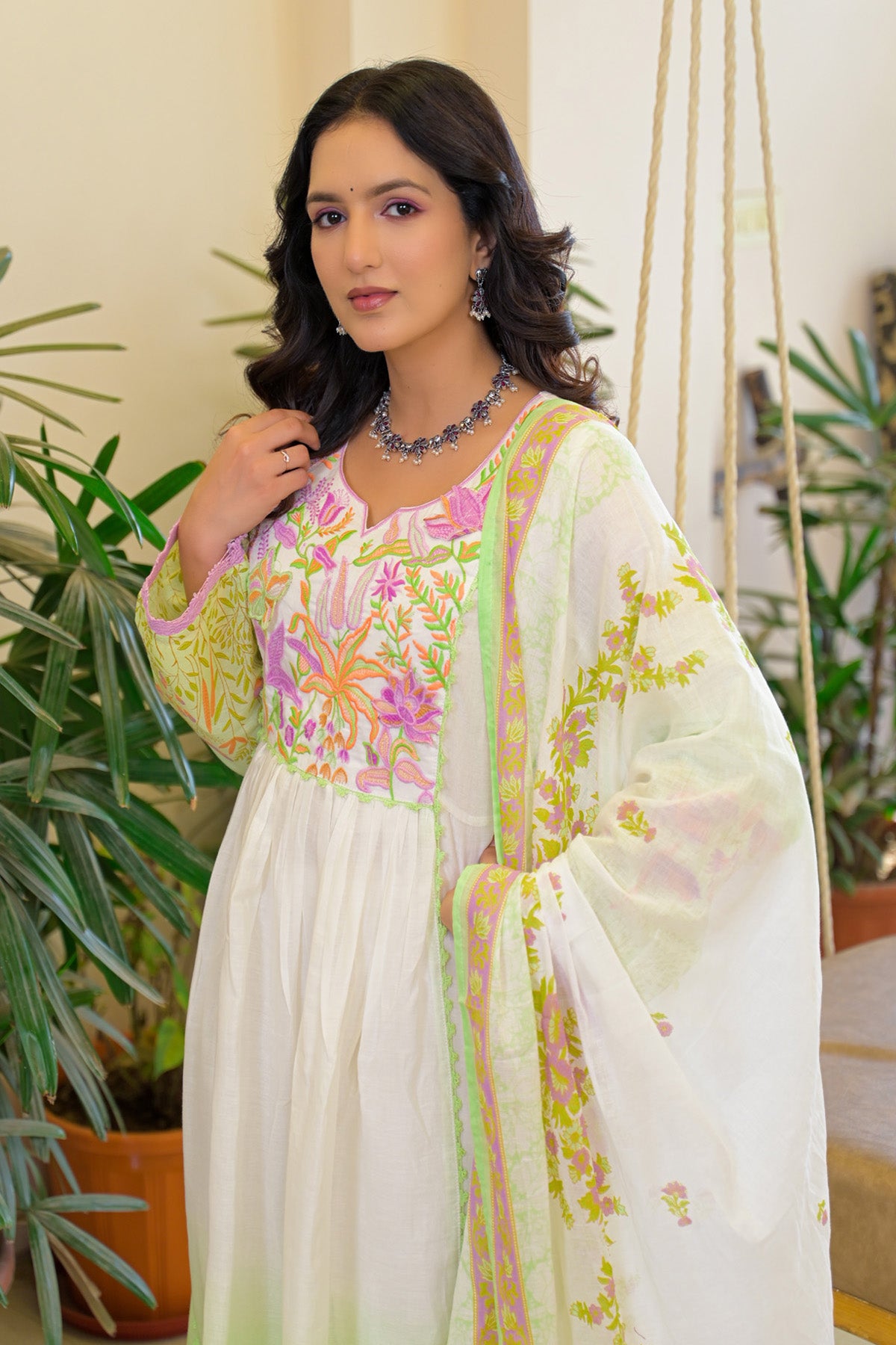 Green Ombre Mul Mul Embroidered Anarkali Suit Set With Dupatta