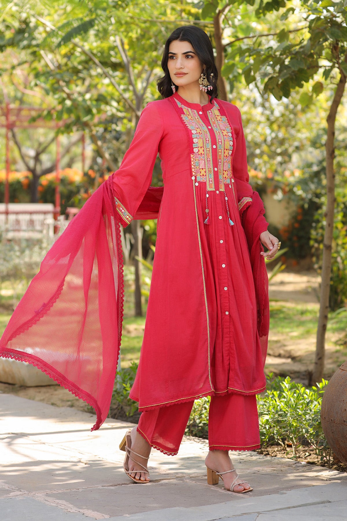 Red Mul Mul Embroidered Anarkali Suit Set With Dupatta