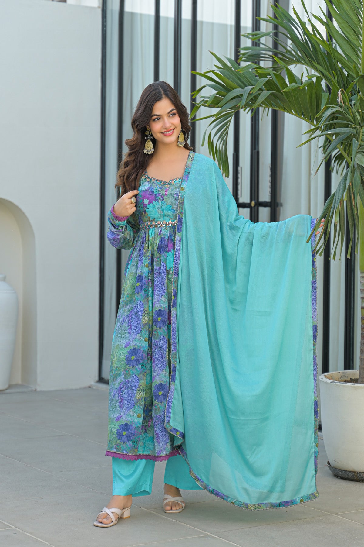 Blue Chinon Silk Handwork Anarkali Suit Set With Dupatta