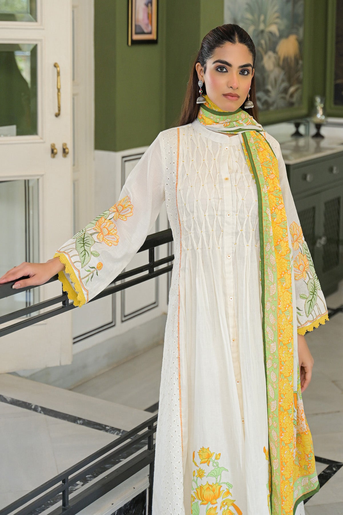 Yellow Mul Mul Printed Anarkali Suit Set With Dupatta