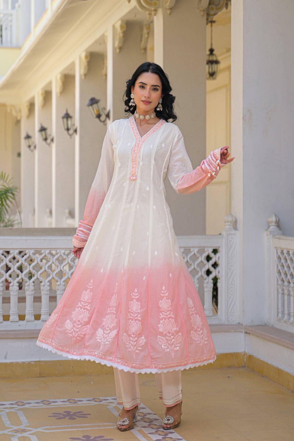 Pink Mul Mul Embroidered Anarkali Suit Set With Dupatta