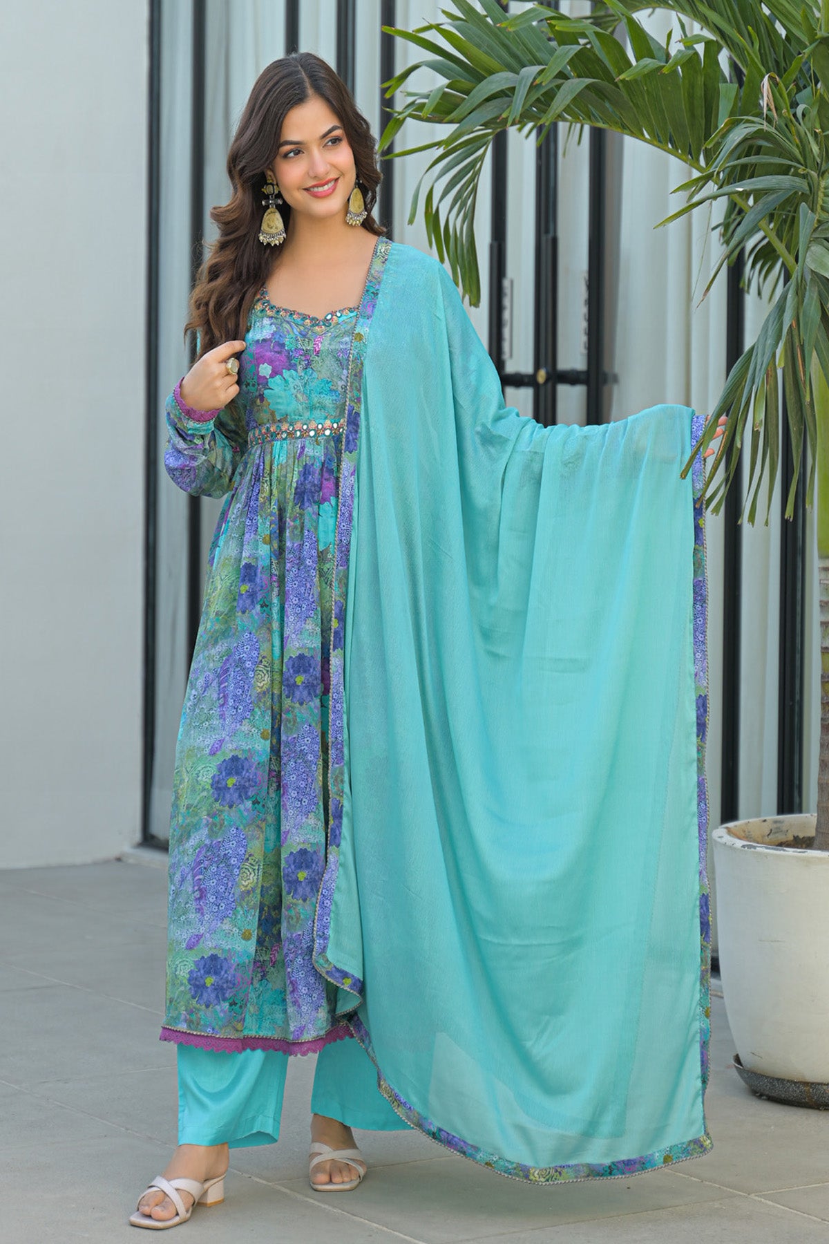 Blue Chinon Silk Handwork Anarkali Suit Set With Dupatta