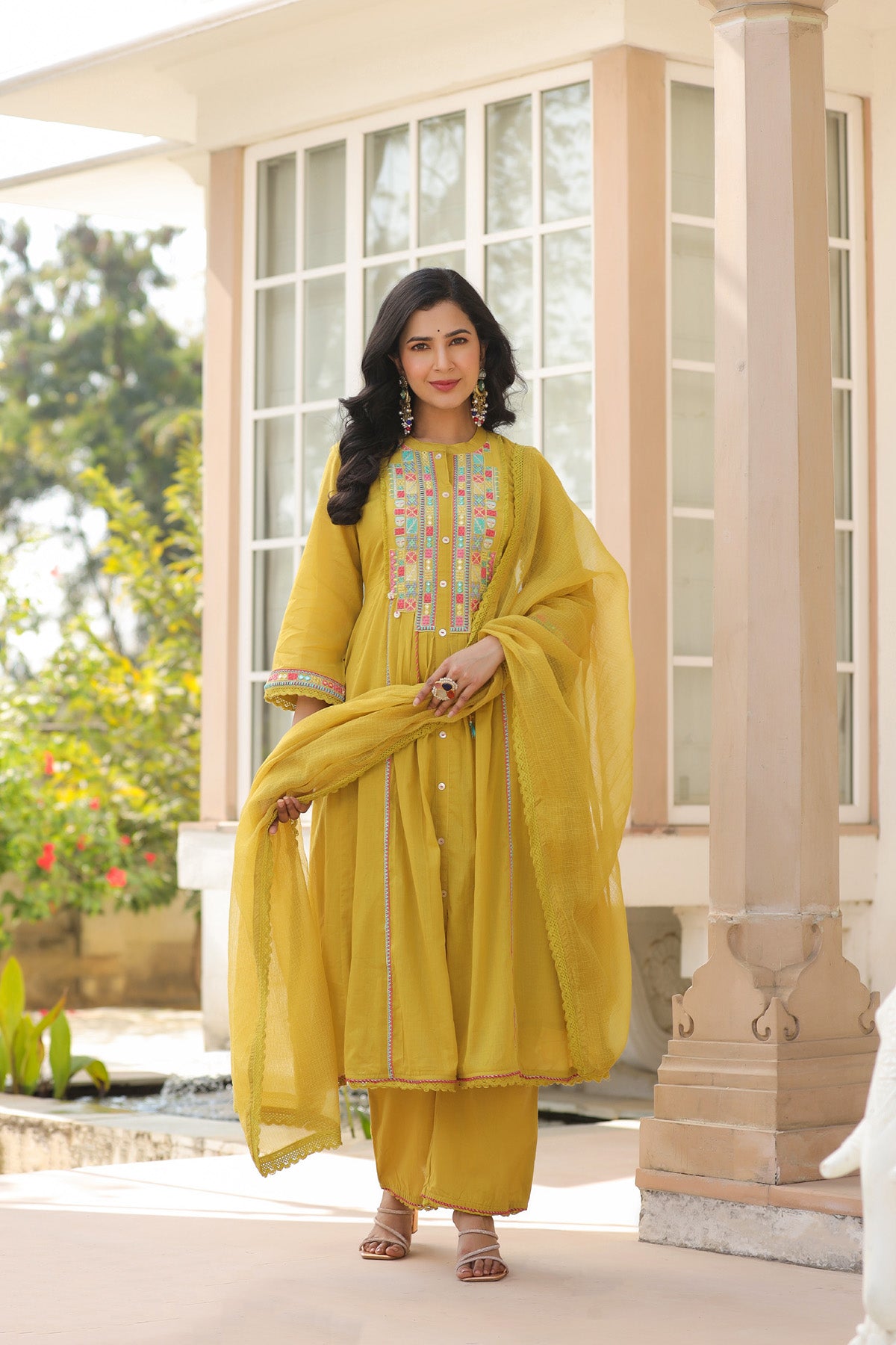 Yellow Mul Mul Embroidered Anarkali Suit Set With Dupatta