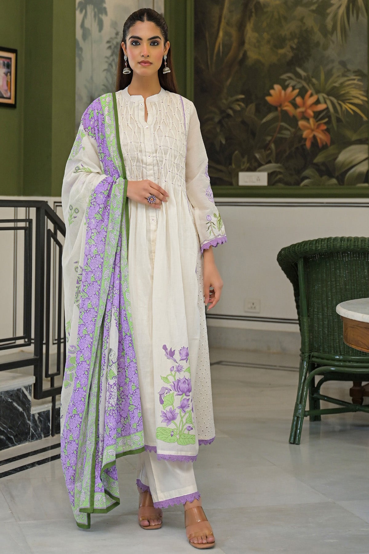 Purple Mul Mul Embroidered Anarkali Suit Set With Dupatta