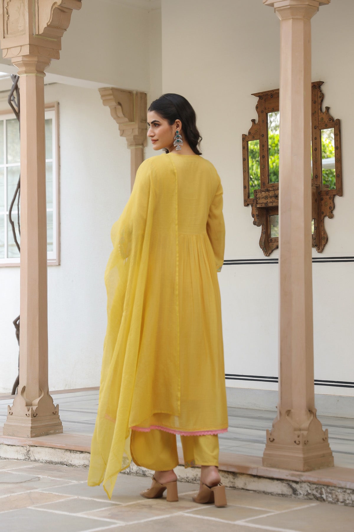 Yellow Mul Mul Embroidered Anarkali Suit Set With Dupatta