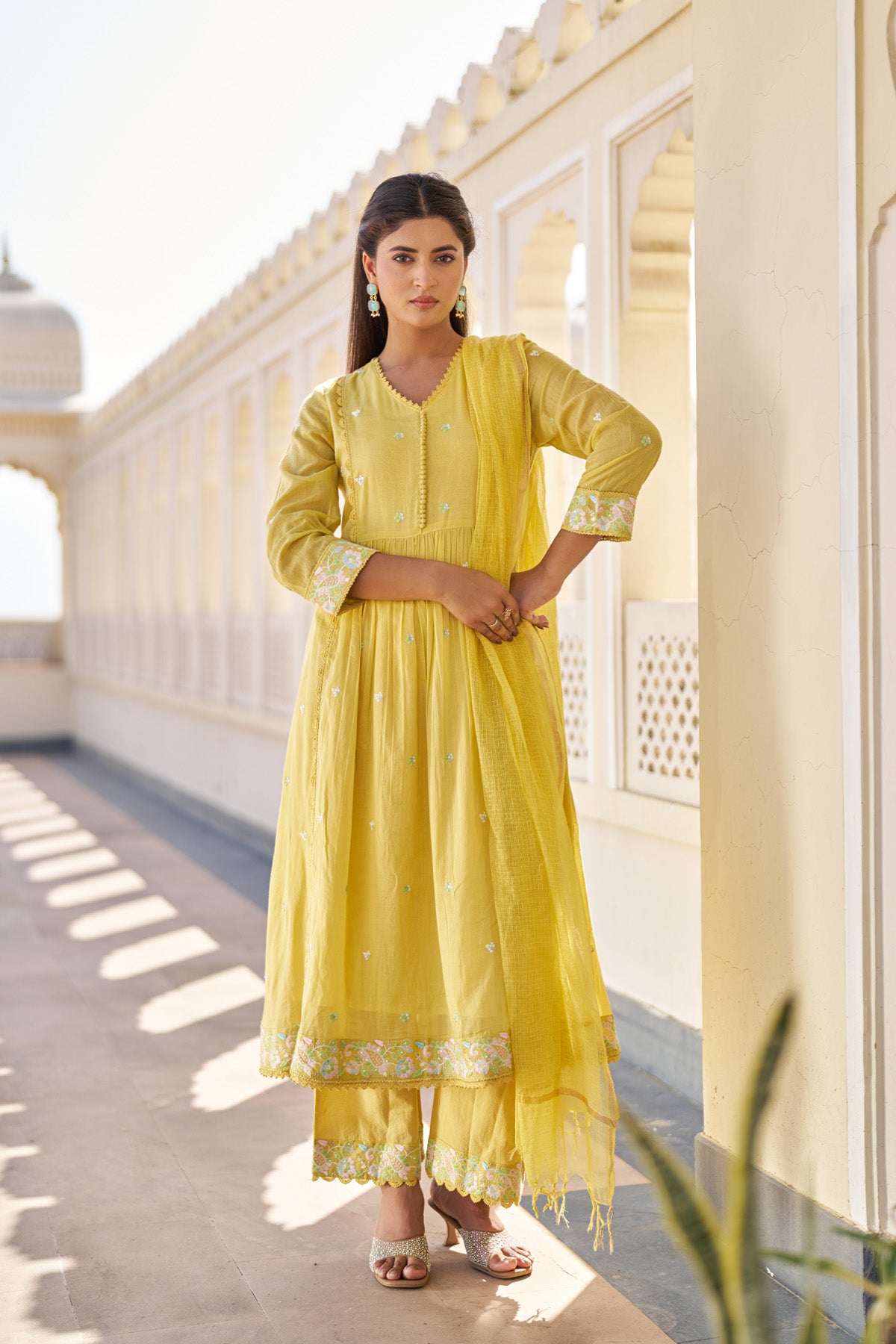 Yellow Mul Mul Embroidered Anarkali Suit Set With Dupatta