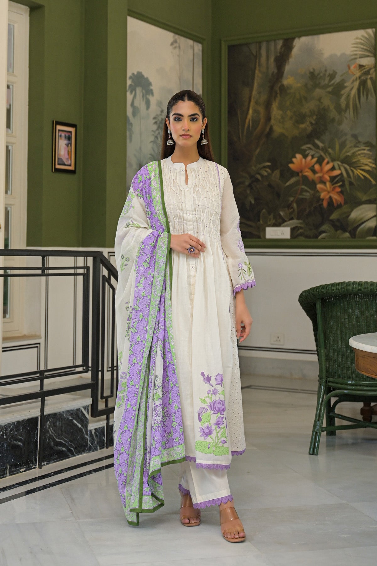 Purple Mul Mul Embroidered Anarkali Suit Set With Dupatta