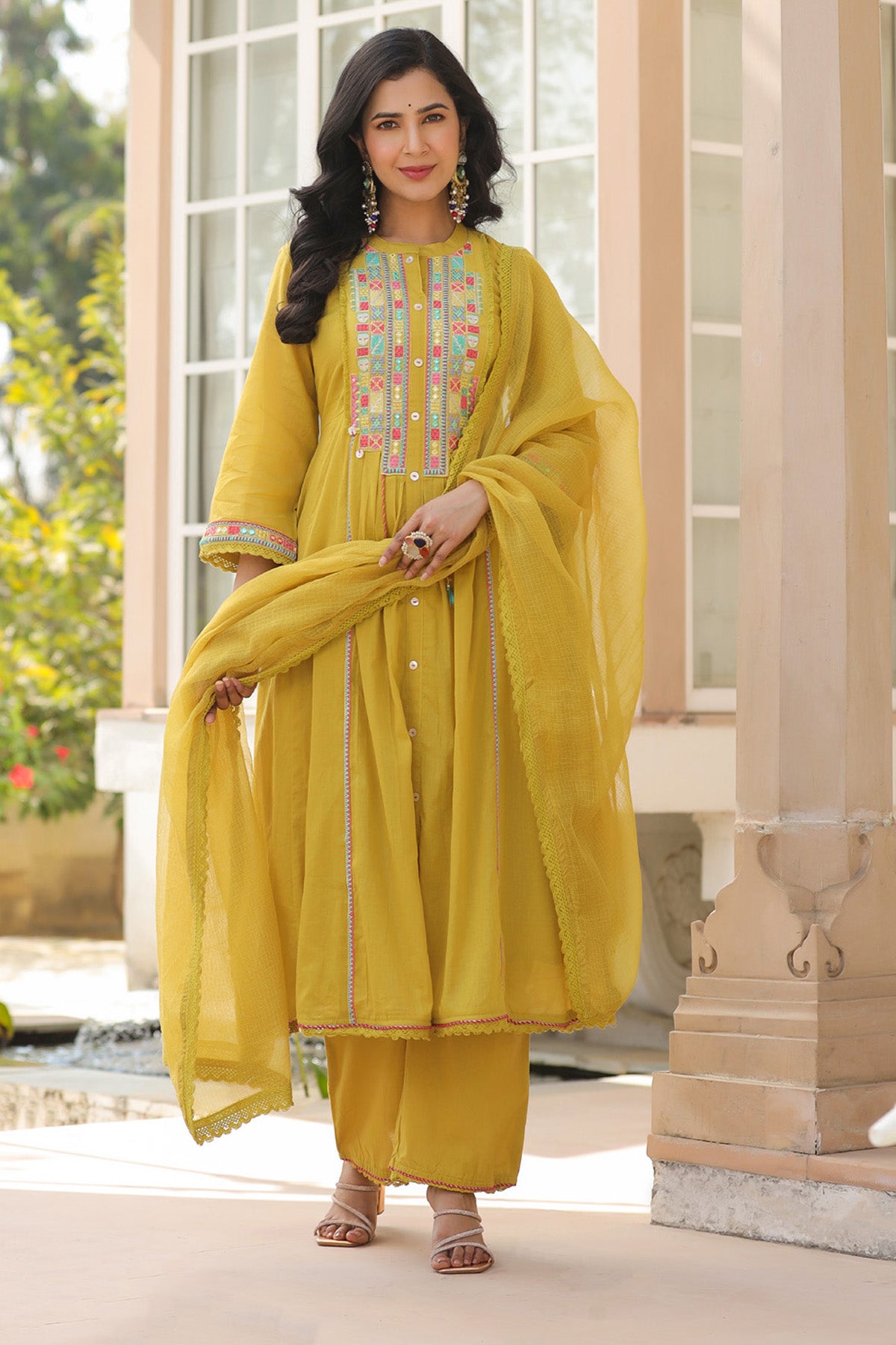 Yellow Mul Mul Embroidered Anarkali Suit Set With Dupatta