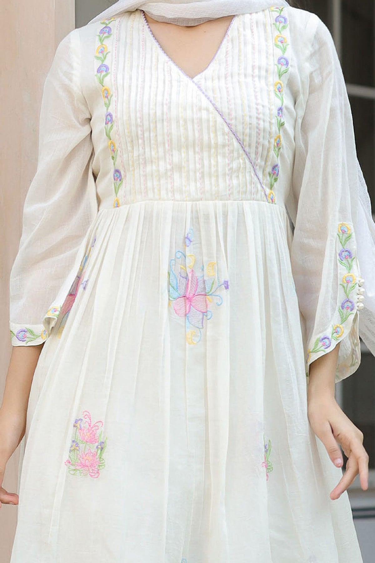 White Mul Mul Embroidered Anarkali Suit Set With Dupatta