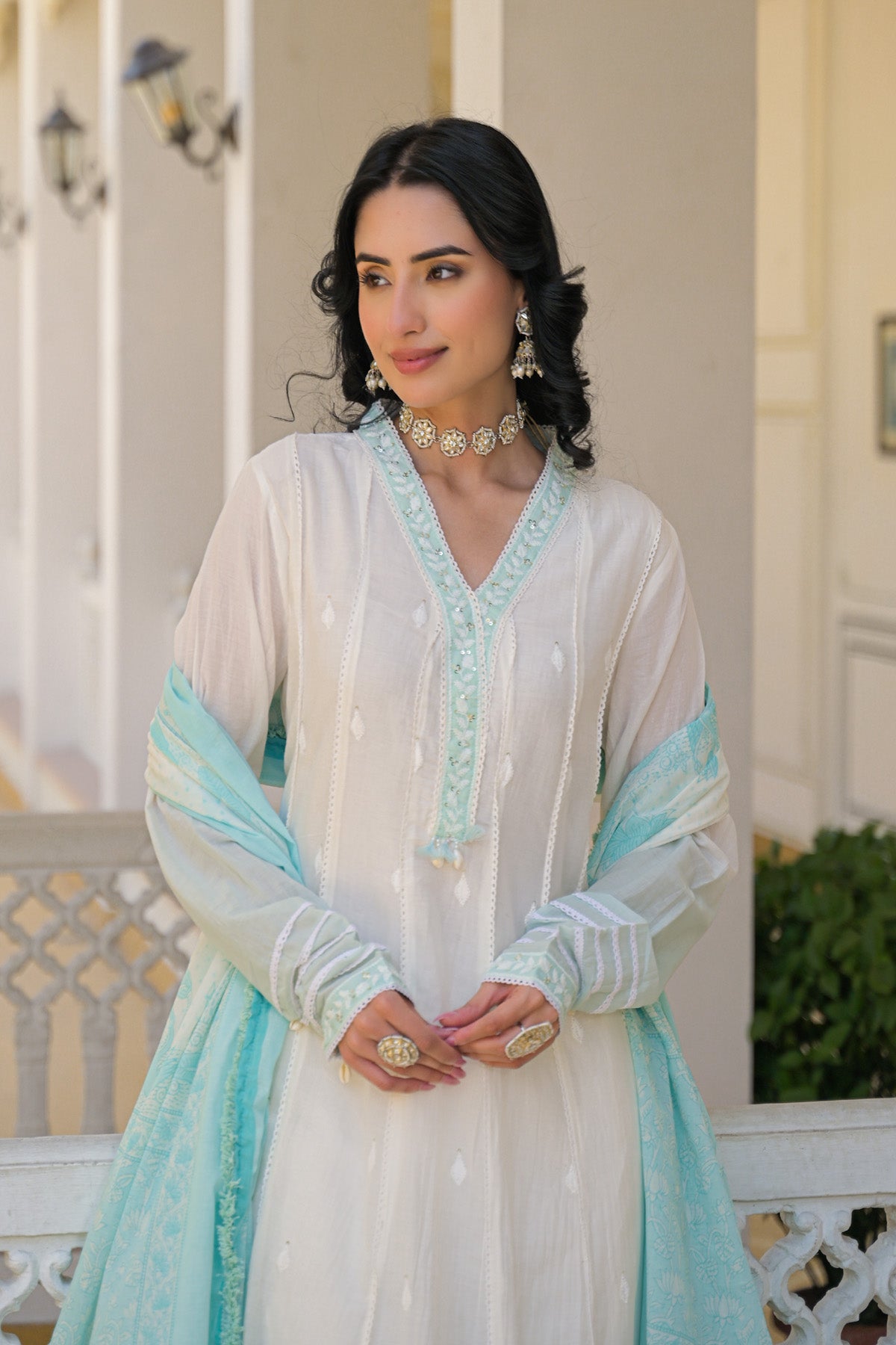 Sky Blue Mul Mul Embroidered Anarkali Suit Set With Dupatta