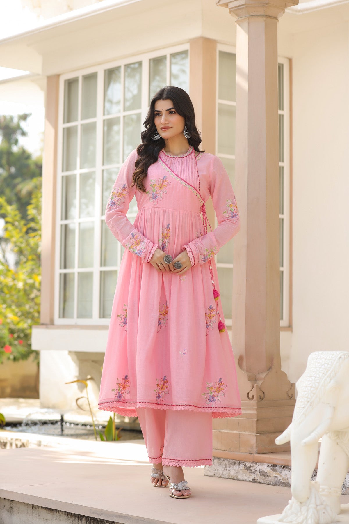 Pink Mul Mul Embroidered Anarkali Suit Set With Dupatta