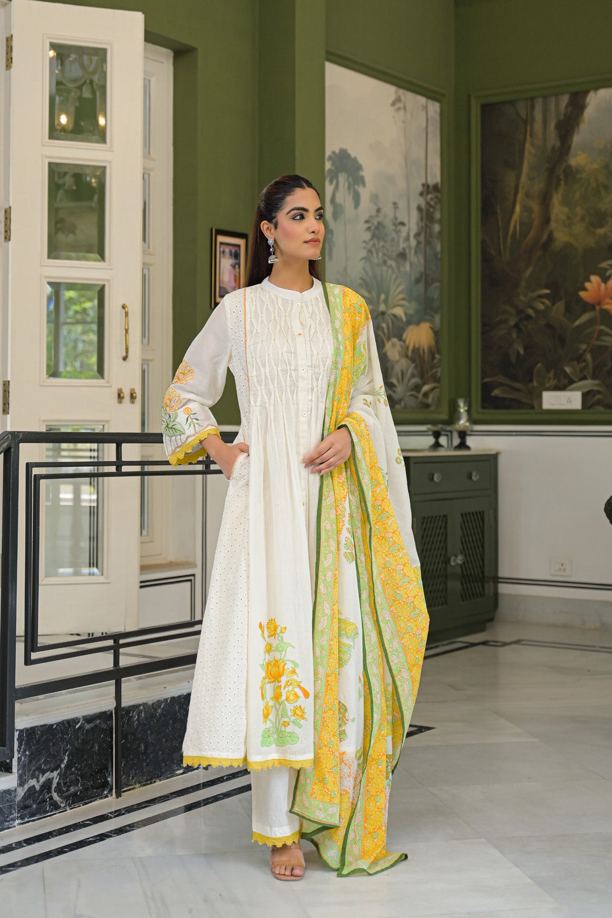 Yellow Mul Mul Printed Anarkali Suit Set With Dupatta