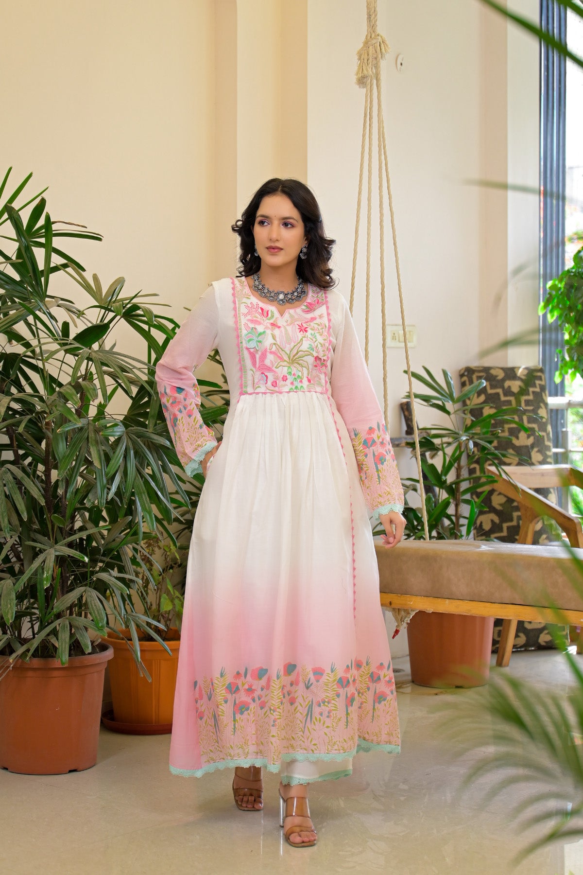 Pink Mul Mul Embroidered Anarkali Suit Set With Dupatta