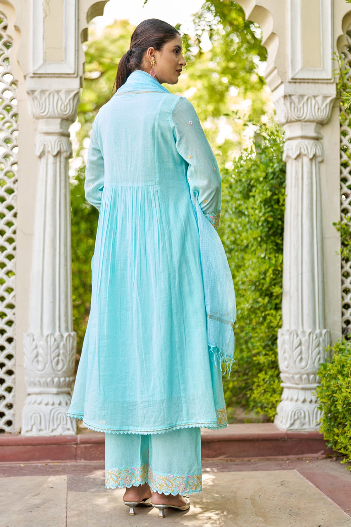 Sky Blue Mul Mul Embroidered Anarkali Suit Set With Dupatta