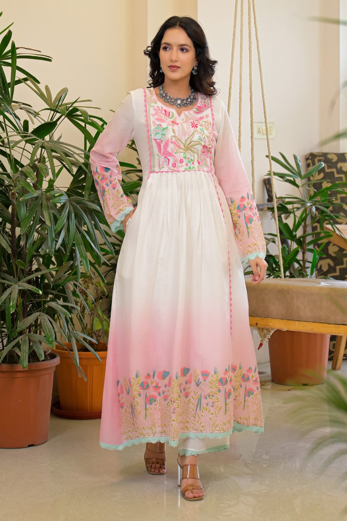 Pink Ombre Mul Mul Embroidered Anarkali Suit Set With Dupatta
