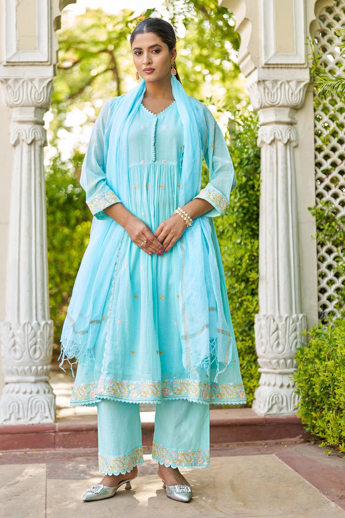 Sky Blue Mul Mul Embroidered Anarkali Suit Set With Dupatta