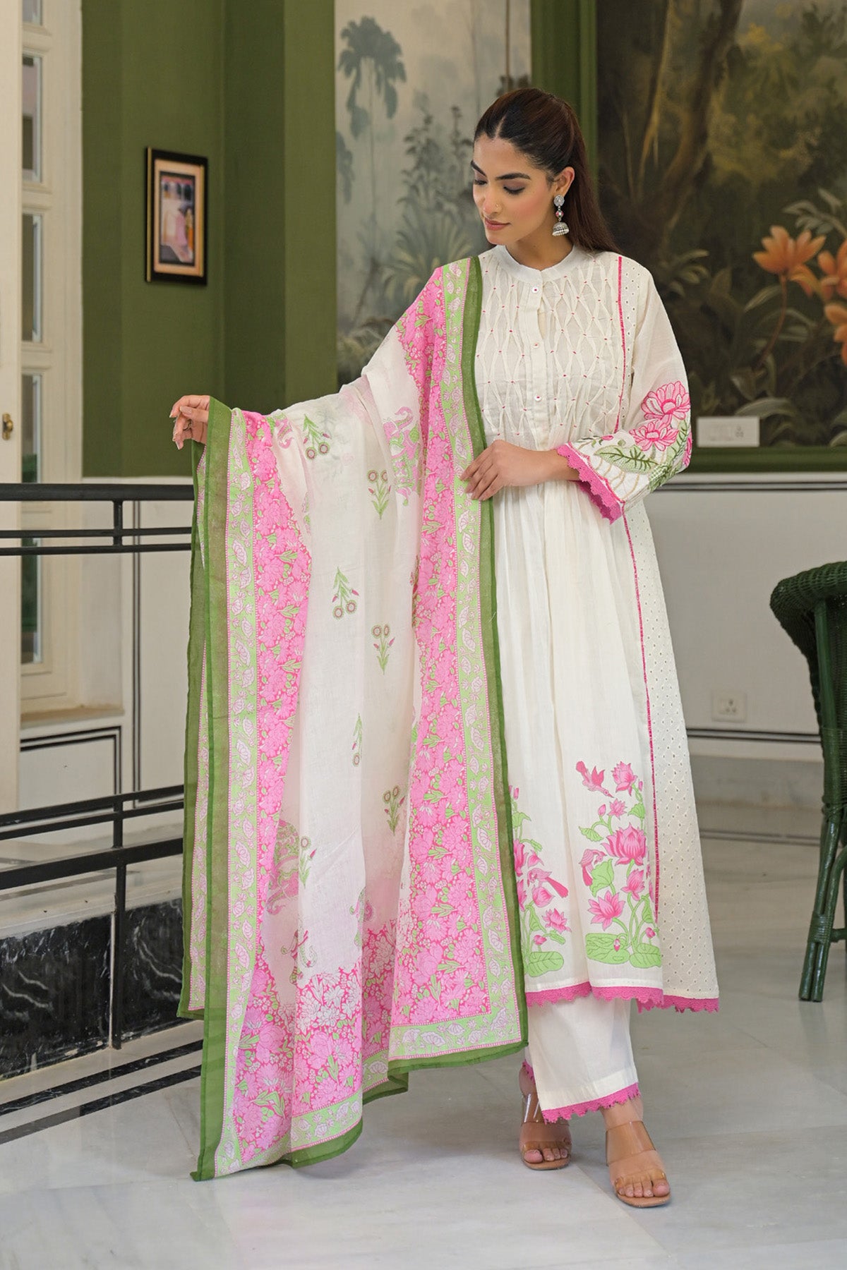 Pink Mul Mul Printed Anarkali Suit Set With Dupatta