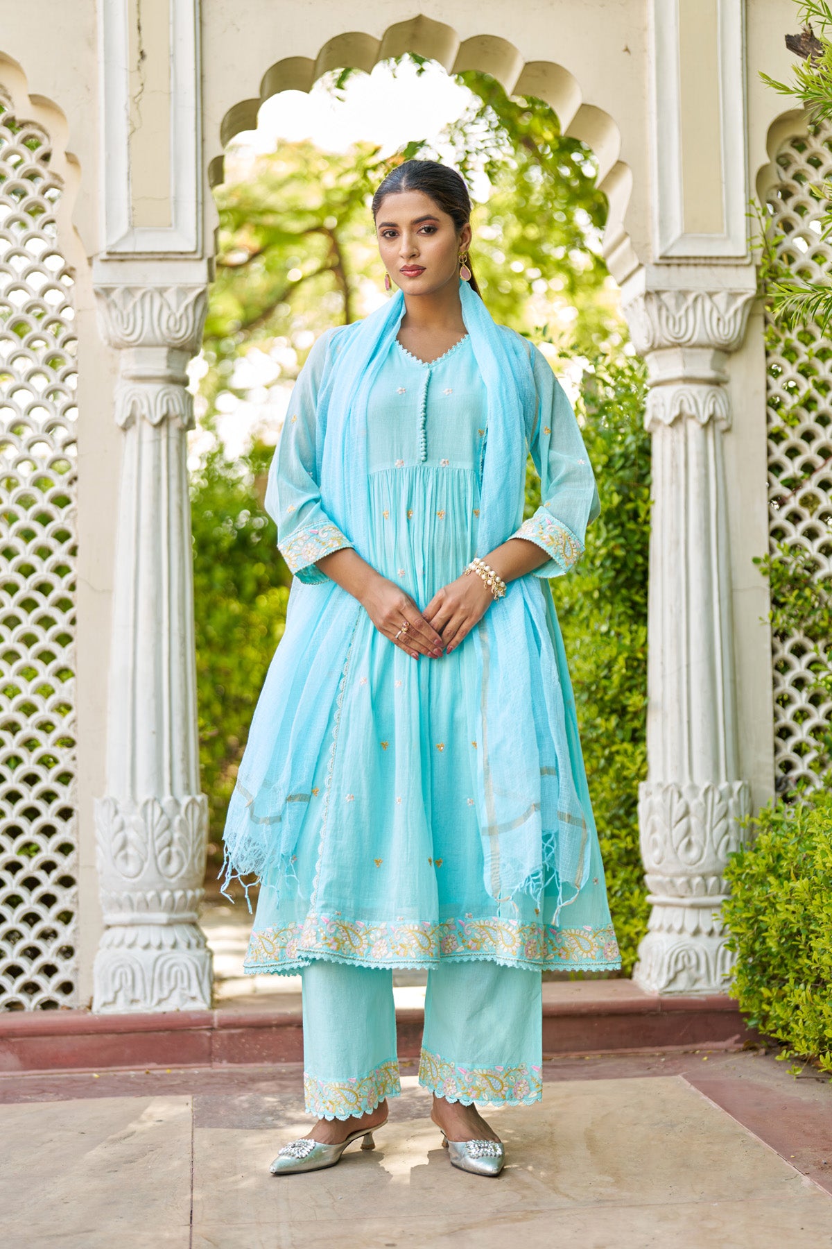 Sky Blue Mul Mul Embroidered Anarkali Suit Set With Dupatta