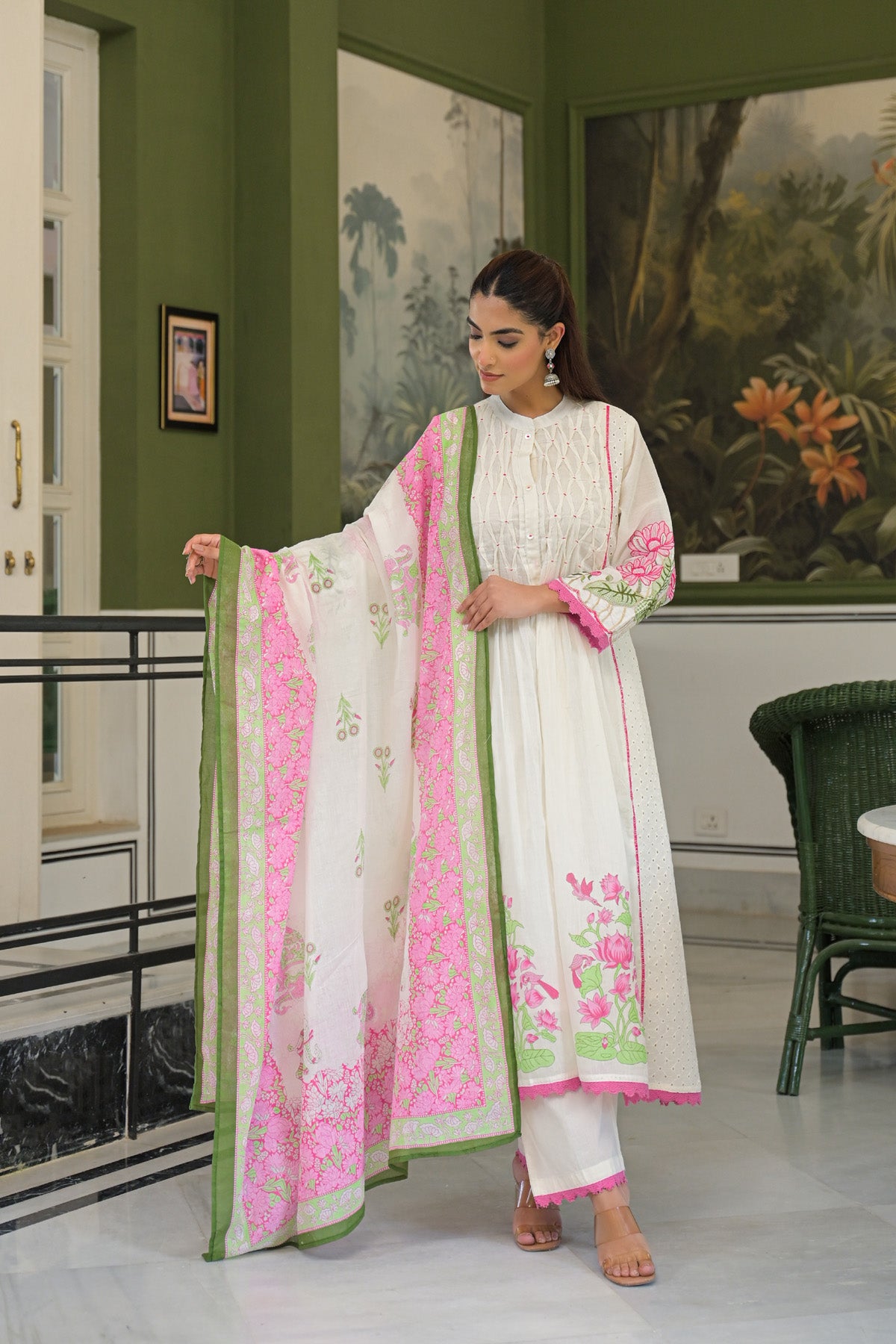 Pink Mul Mul Printed Anarkali Suit Set With Dupatta