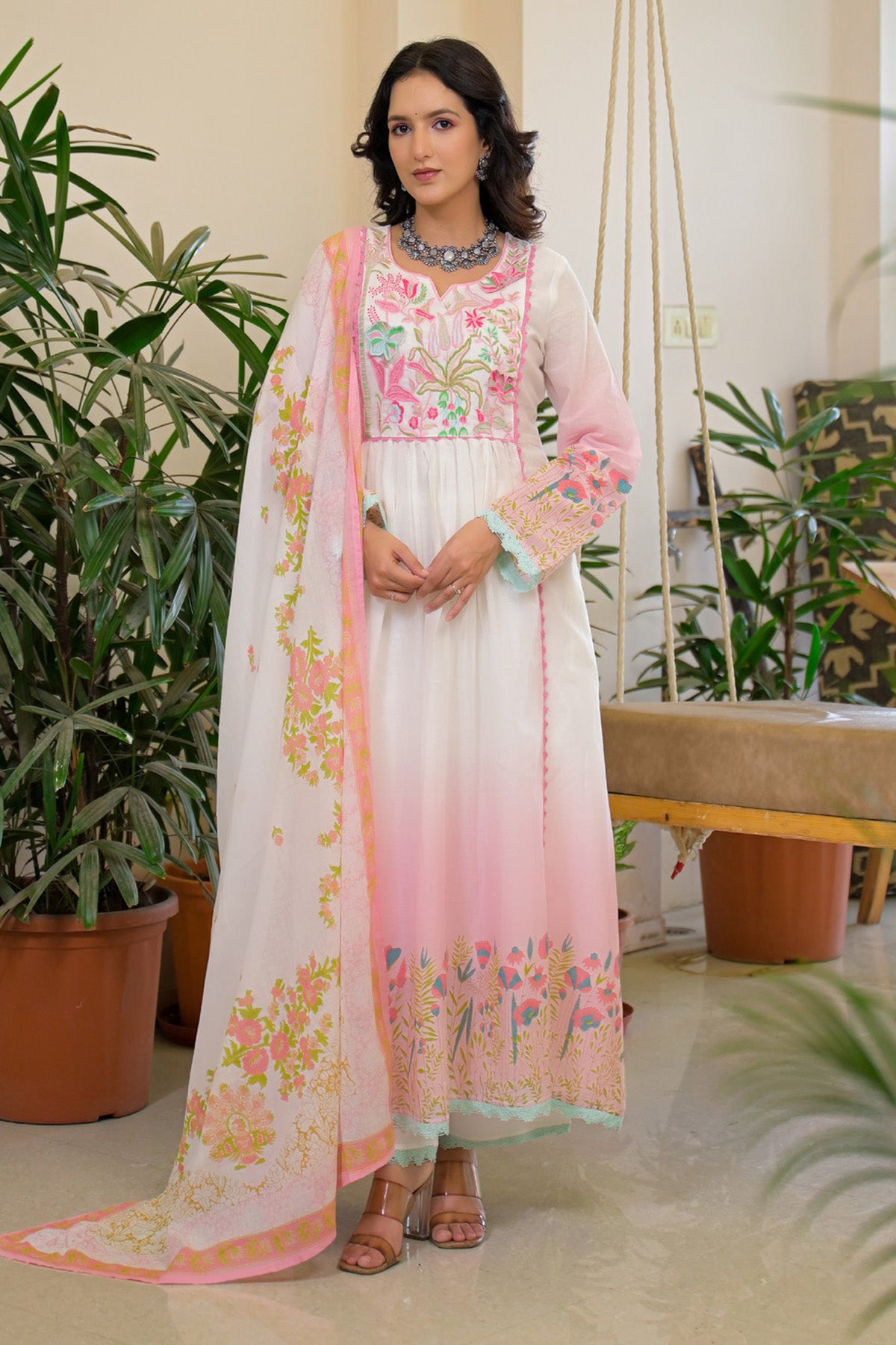 Pink Mul Mul Embroidered Anarkali Suit Set With Dupatta