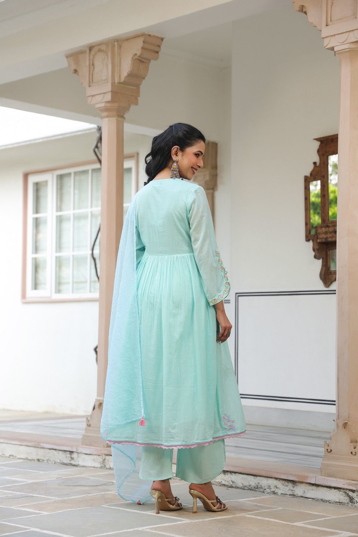 Sky Blue Mul Mul Embroidered Anarkali Suit Set With Dupatta