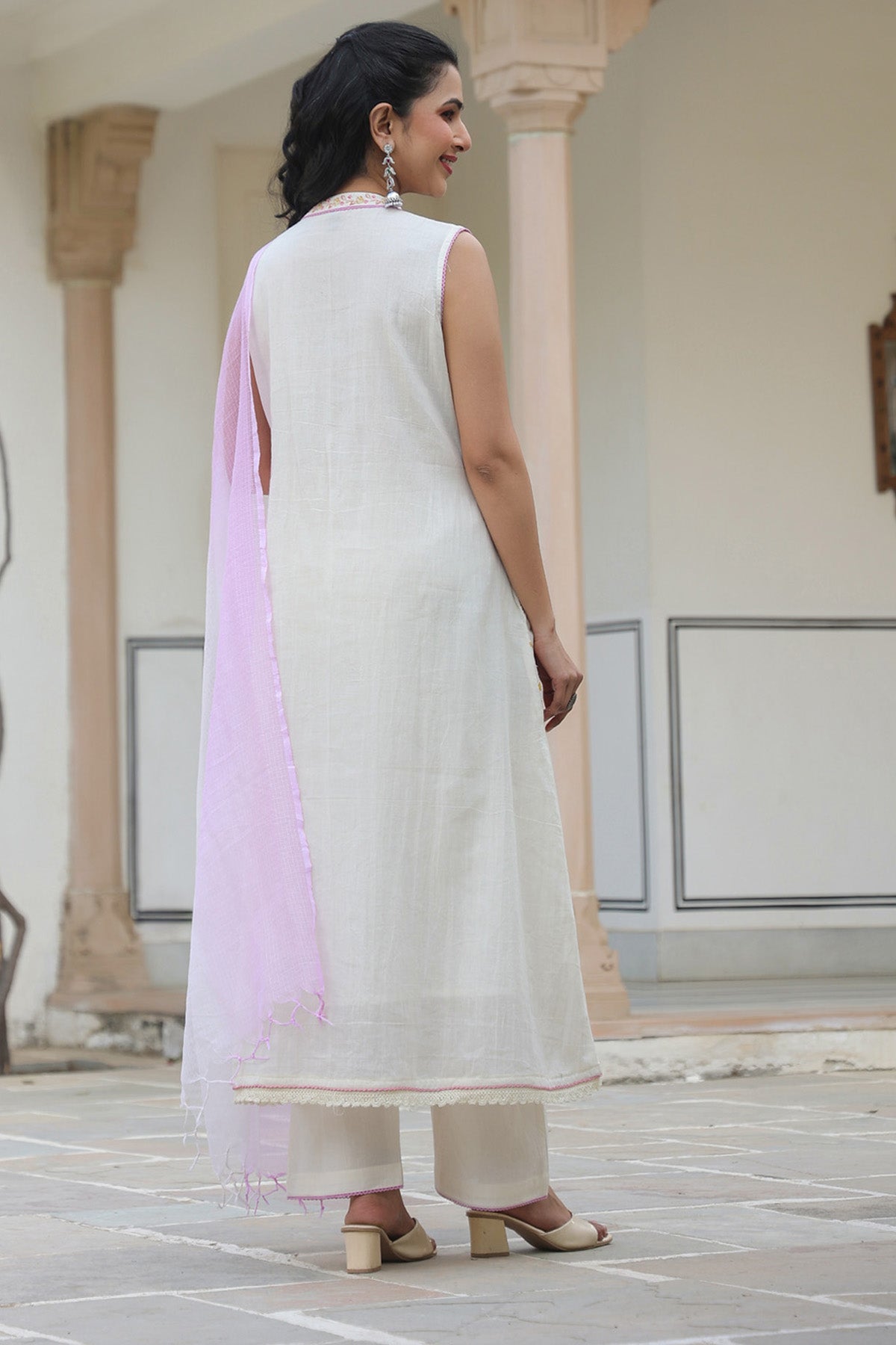 White Mul Mul Embroidered Anarkali Suit Set With Dupatta