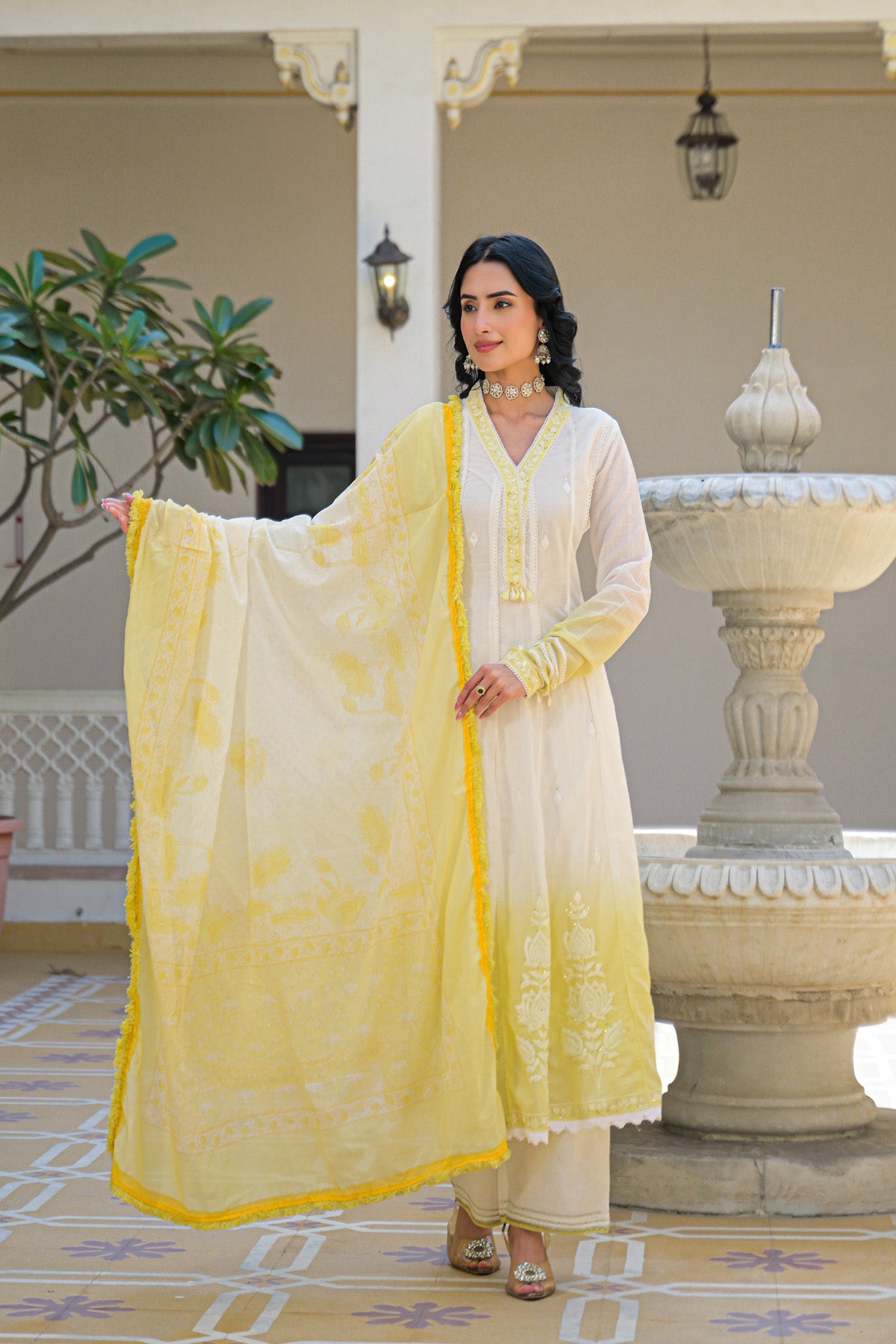 Yellow Mul Mul Embroidered Anarkali Suit Set With Dupatta