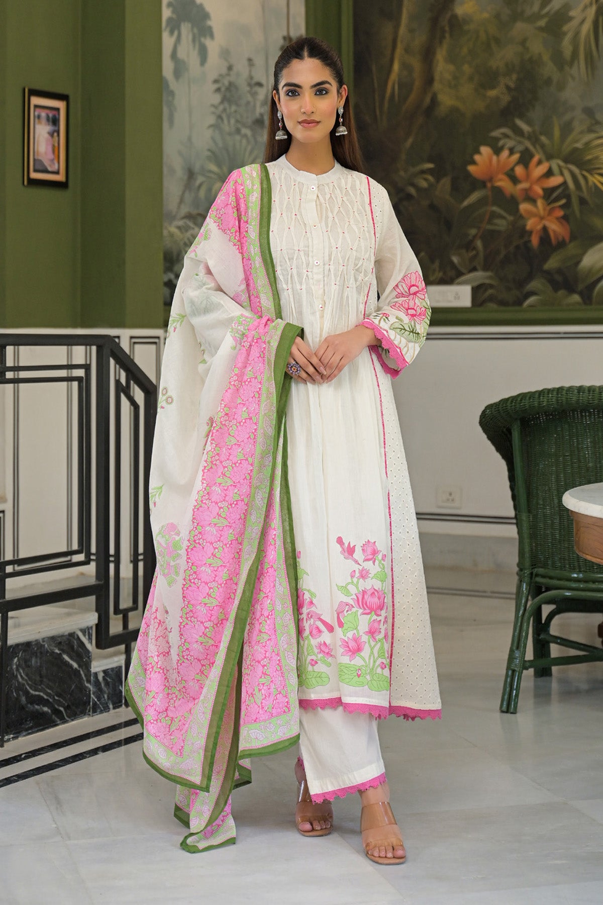 Pink Mul Mul Printed Anarkali Suit Set With Dupatta
