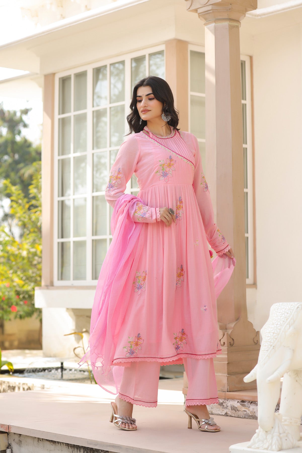 Pink Mul Mul Embroidered Anarkali Suit Set With Dupatta