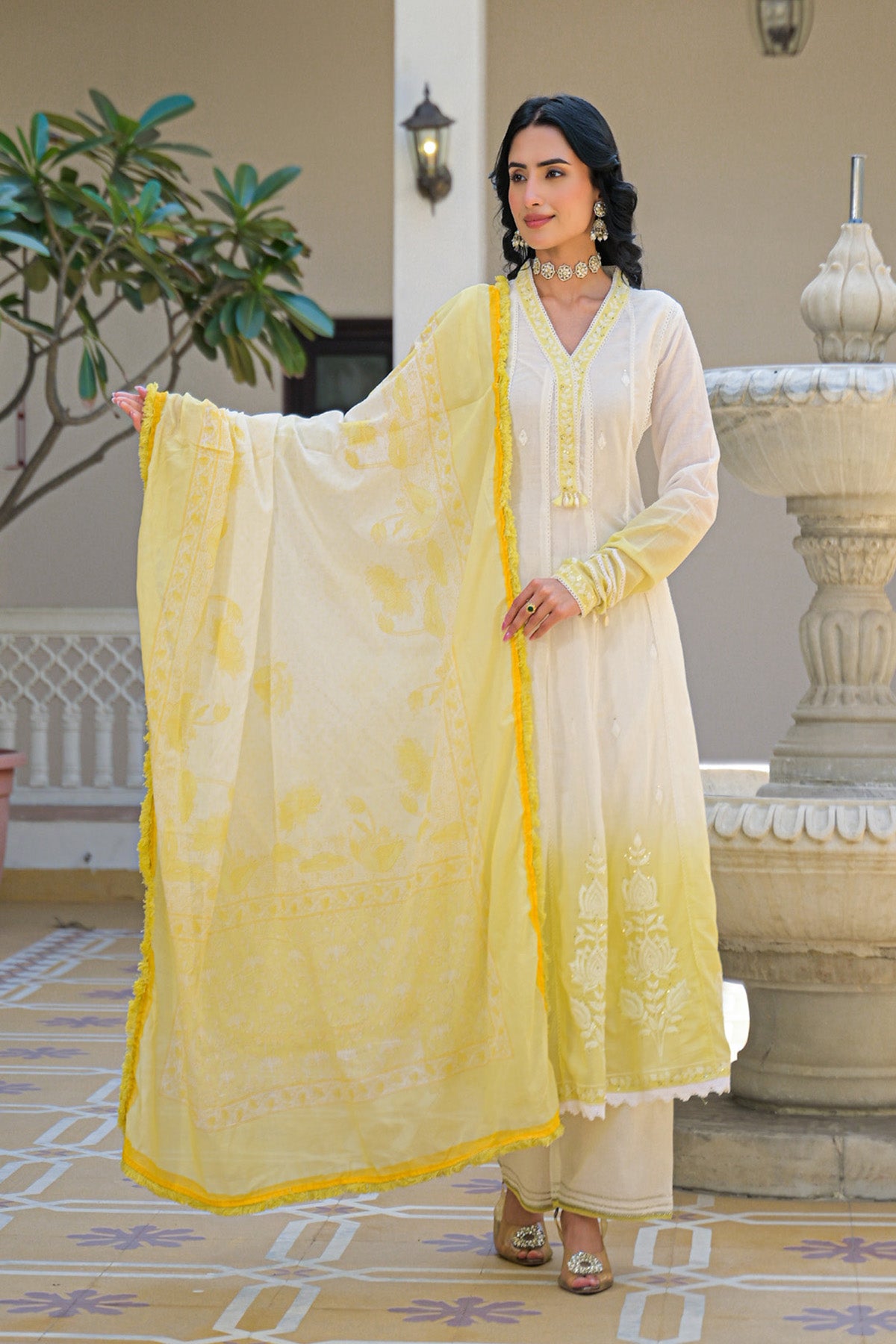 Yellow Ombre Mul Mul Embroidered Anarkali Suit Set With Dupatta