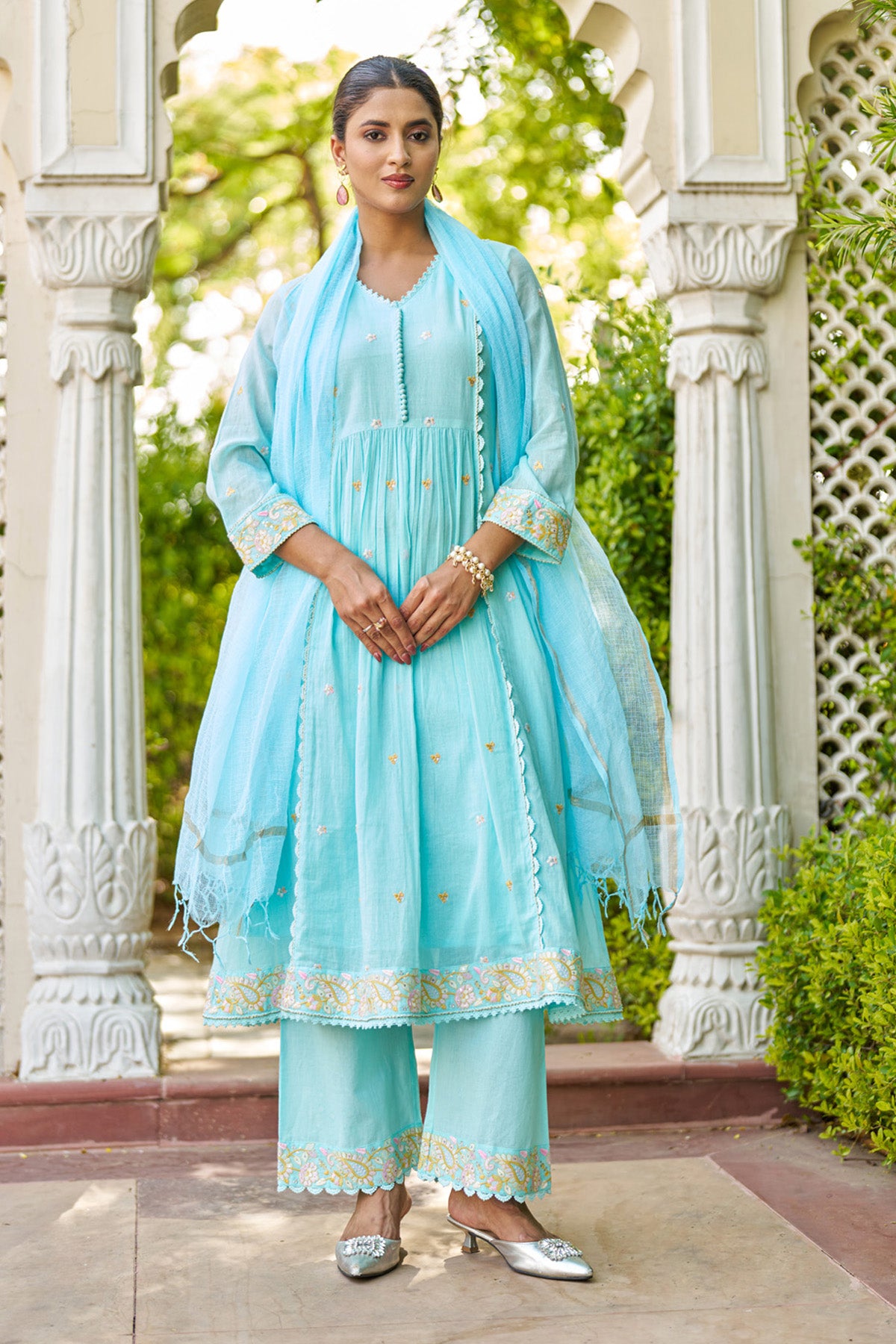 Sky Blue Mul Mul Embroidered Anarkali Suit Set With Dupatta