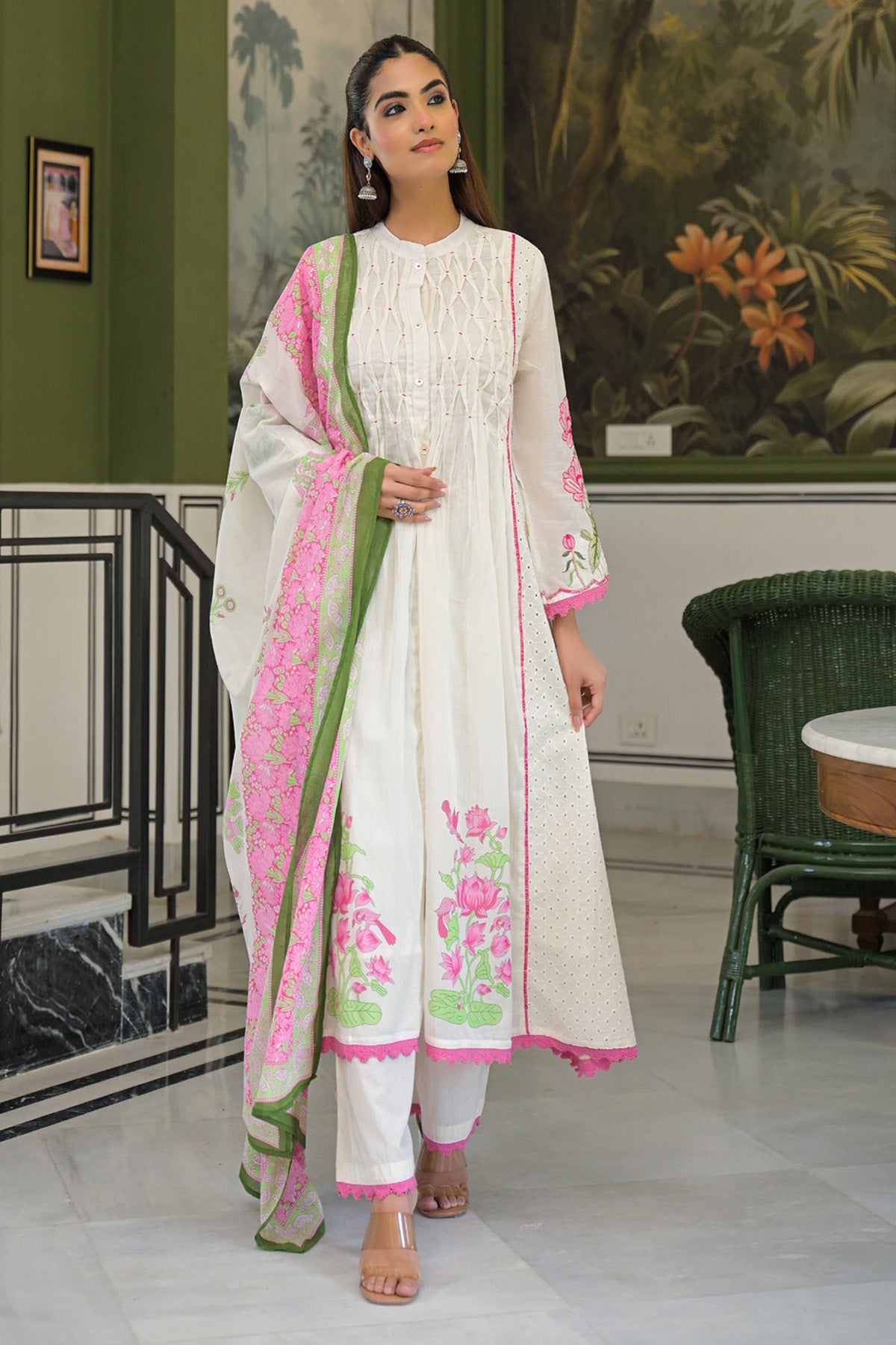 Pink Mul Mul Printed Anarkali Suit Set With Dupatta