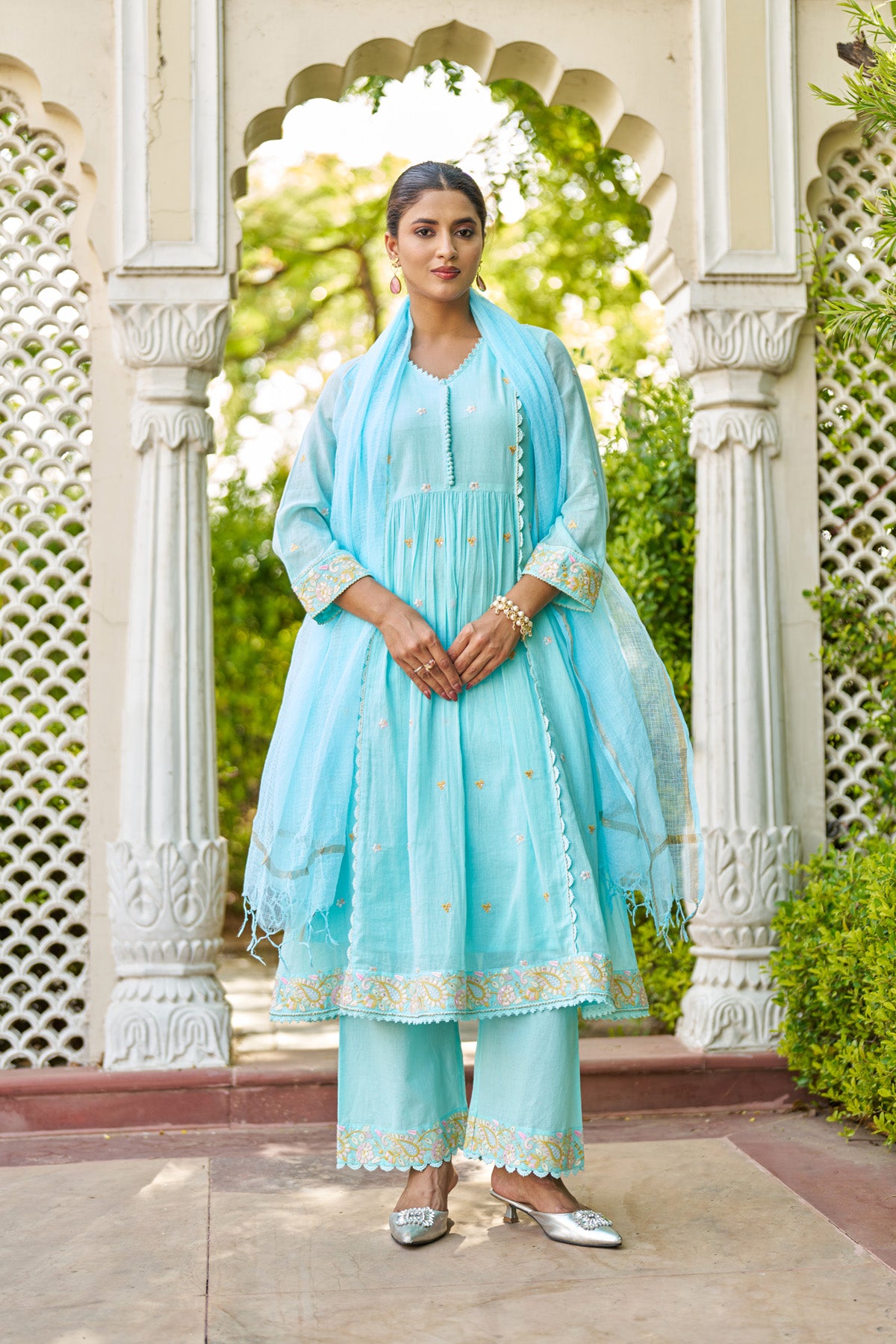 Sky Blue Mul Mul Embroidered Anarkali Suit Set With Dupatta