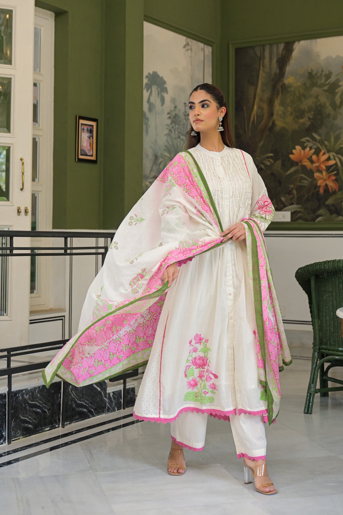 Pink Mul Mul Printed Anarkali Suit Set With Dupatta