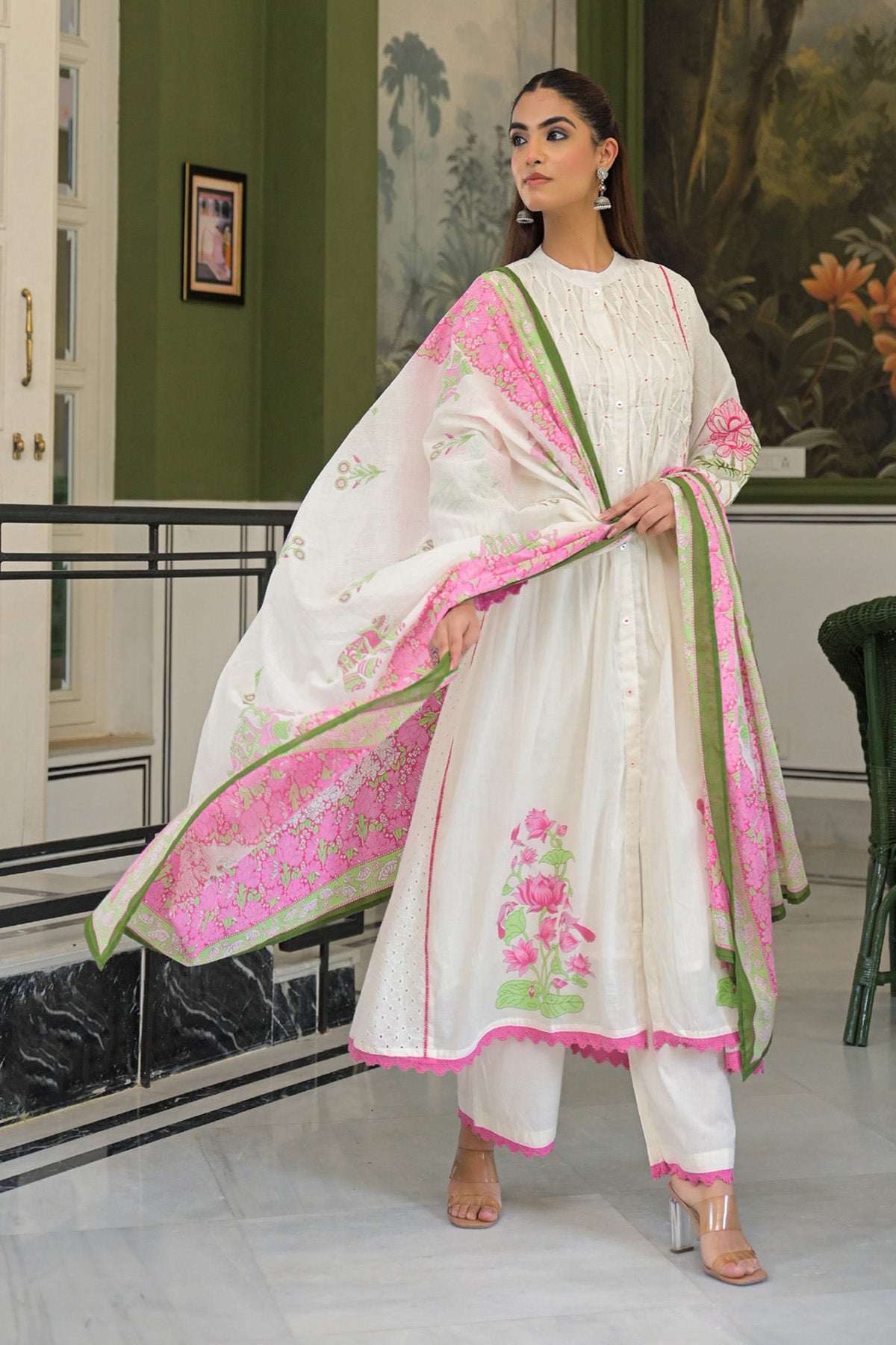 Pink Mul Mul Printed Anarkali Suit Set With Dupatta