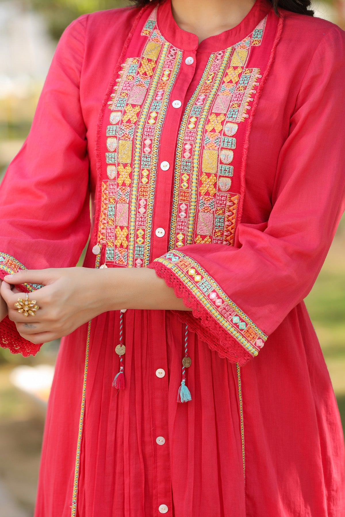 Red Mul Mul Embroidered Anarkali Suit Set With Dupatta