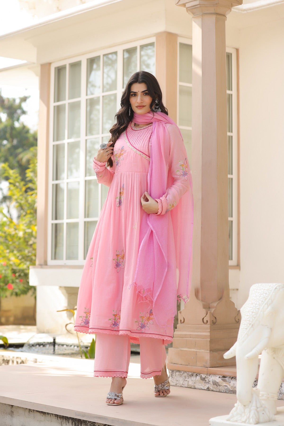 Pink Mul Mul Embroidered Anarkali Suit Set With Dupatta