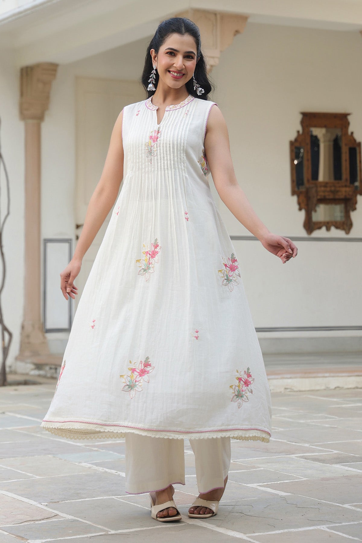 White Mul Mul Embroidered Anarkali Suit Set With Dupatta