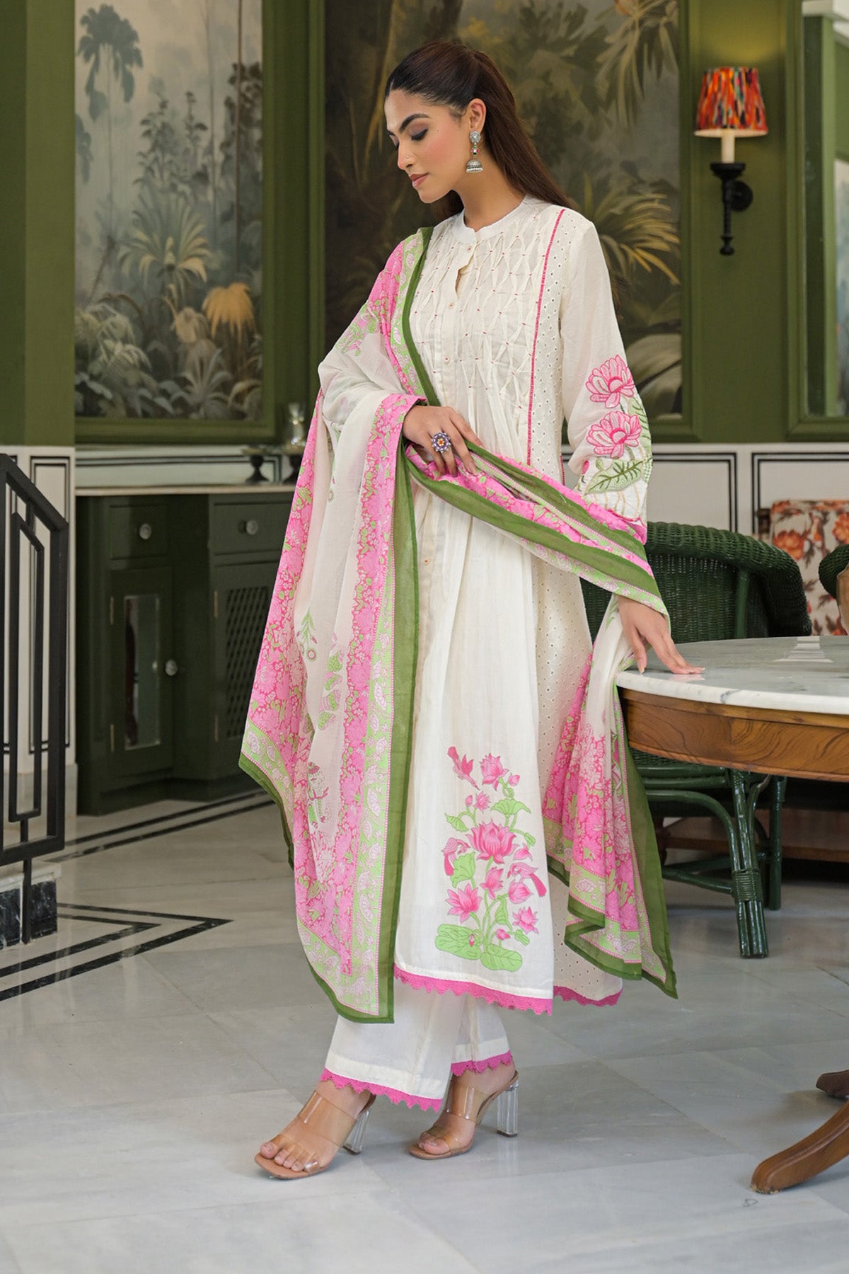Pink Mul Mul Printed Anarkali Suit Set With Dupatta