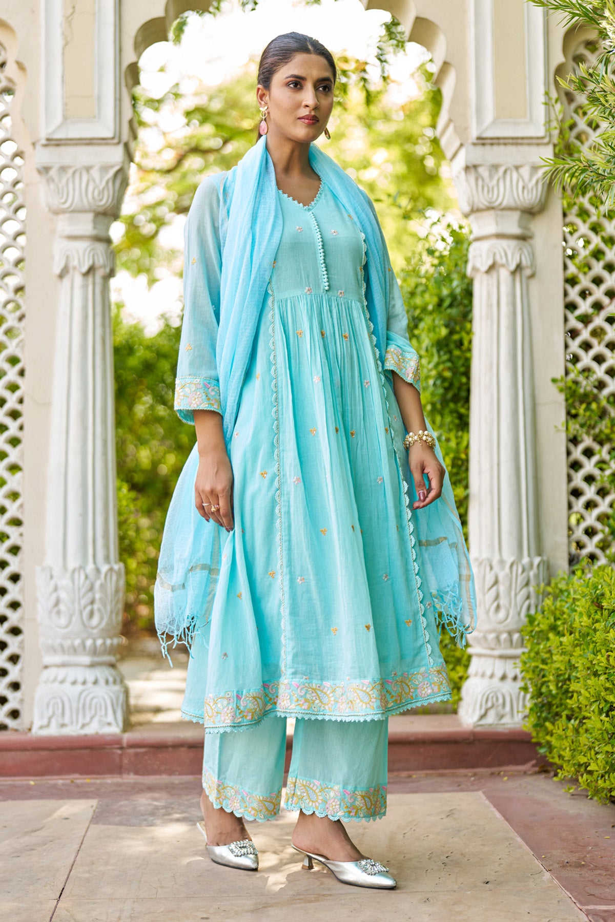 Sky Blue Mul Mul Embroidered Anarkali Suit Set With Dupatta