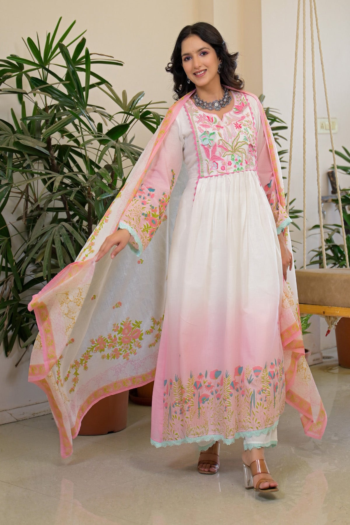 Pink Ombre Mul Mul Embroidered Anarkali Suit Set With Dupatta