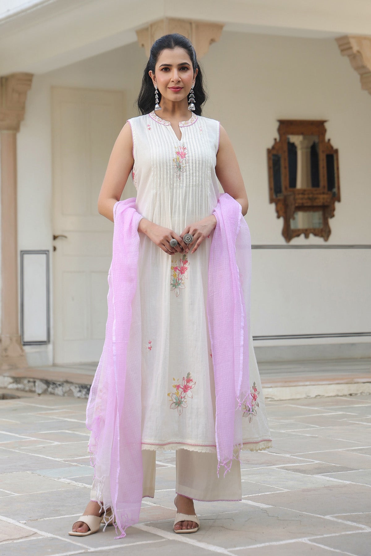 White Mul Mul Embroidered Anarkali Suit Set With Dupatta