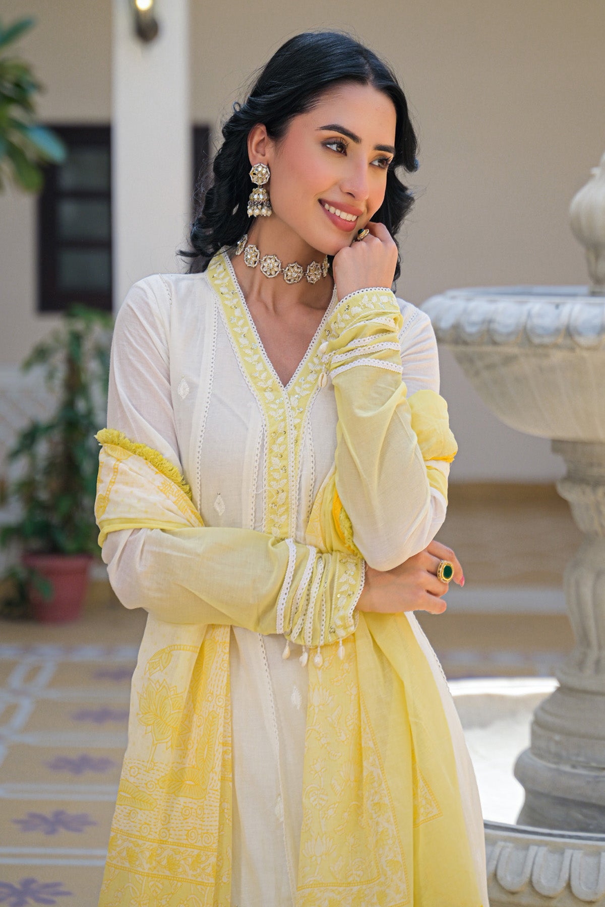 Yellow Ombre Mul Mul Embroidered Anarkali Suit Set With Dupatta