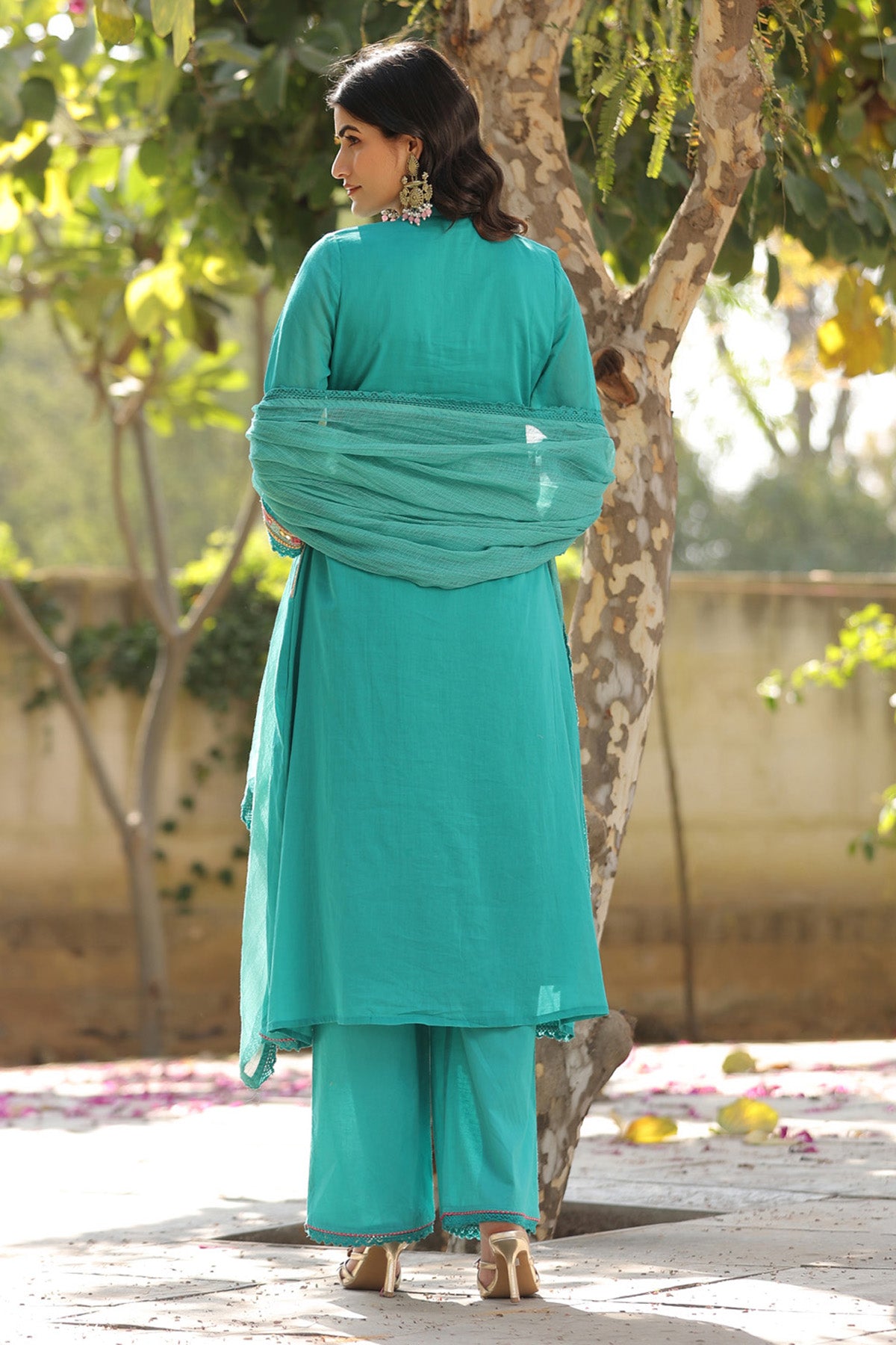Turquoise Blue Mul Mul Embroidered Anarkali Suit Set With Dupatta
