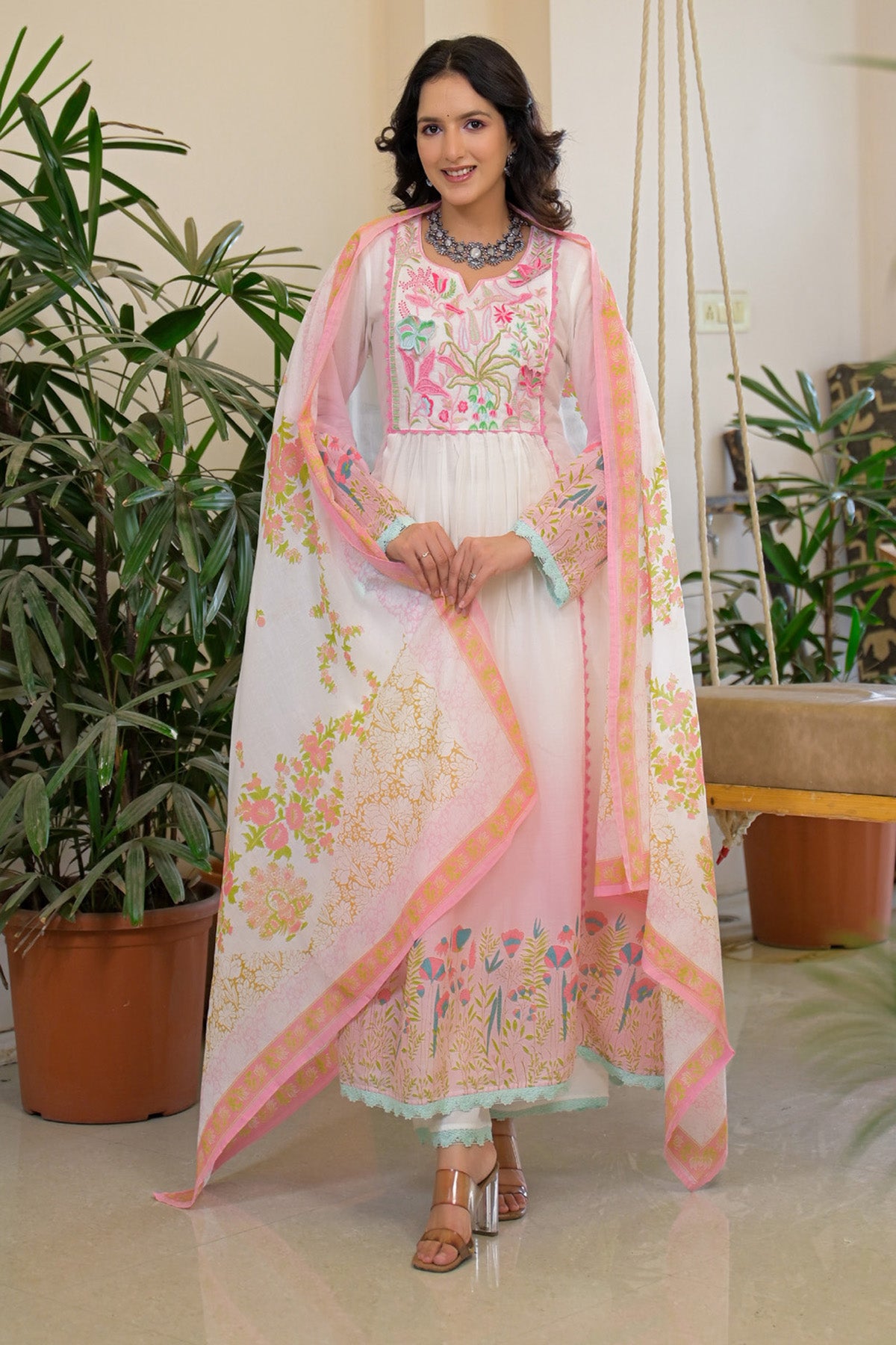 Pink Ombre Mul Mul Embroidered Anarkali Suit Set With Dupatta