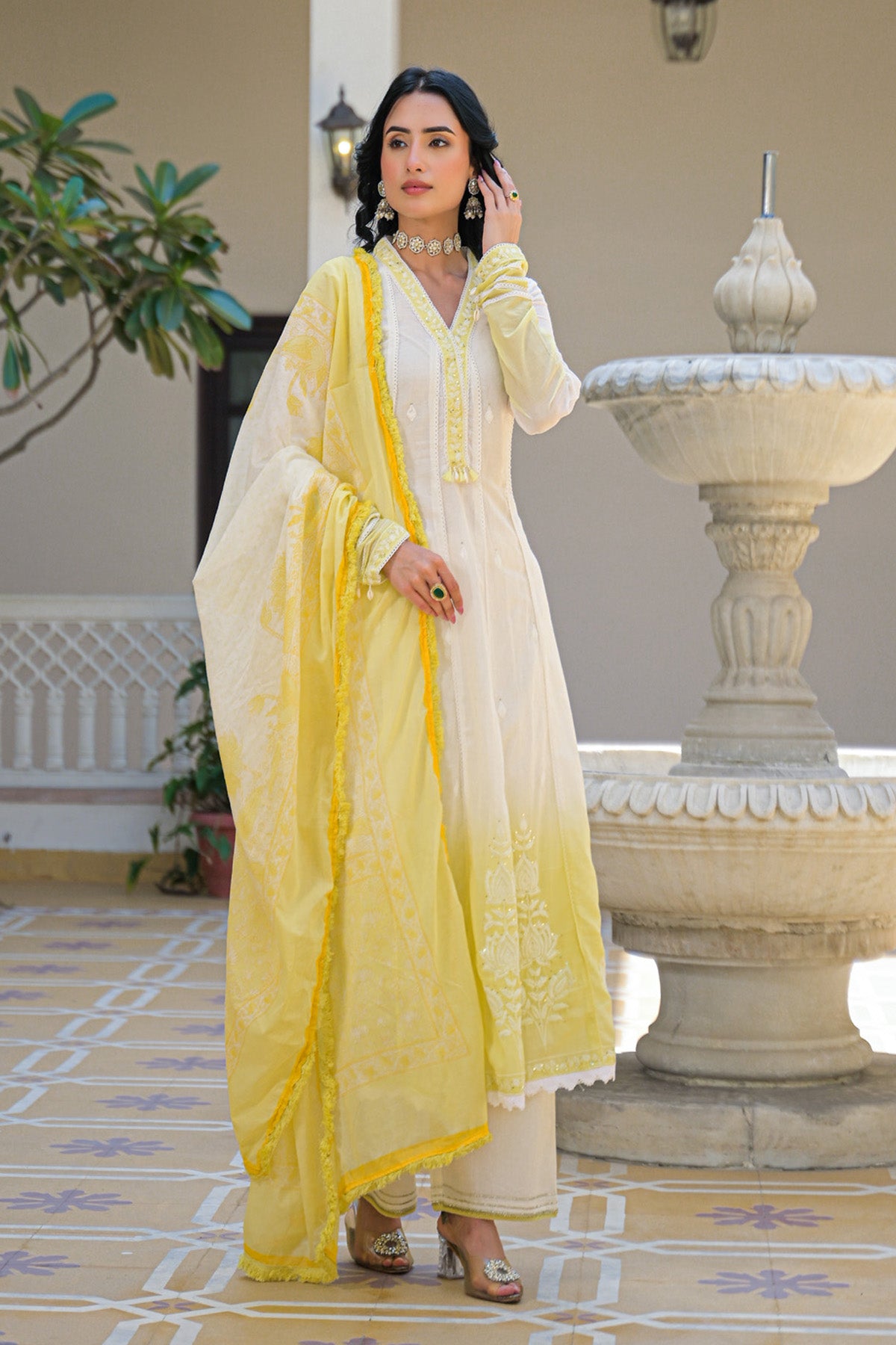 Yellow Ombre Mul Mul Embroidered Anarkali Suit Set With Dupatta