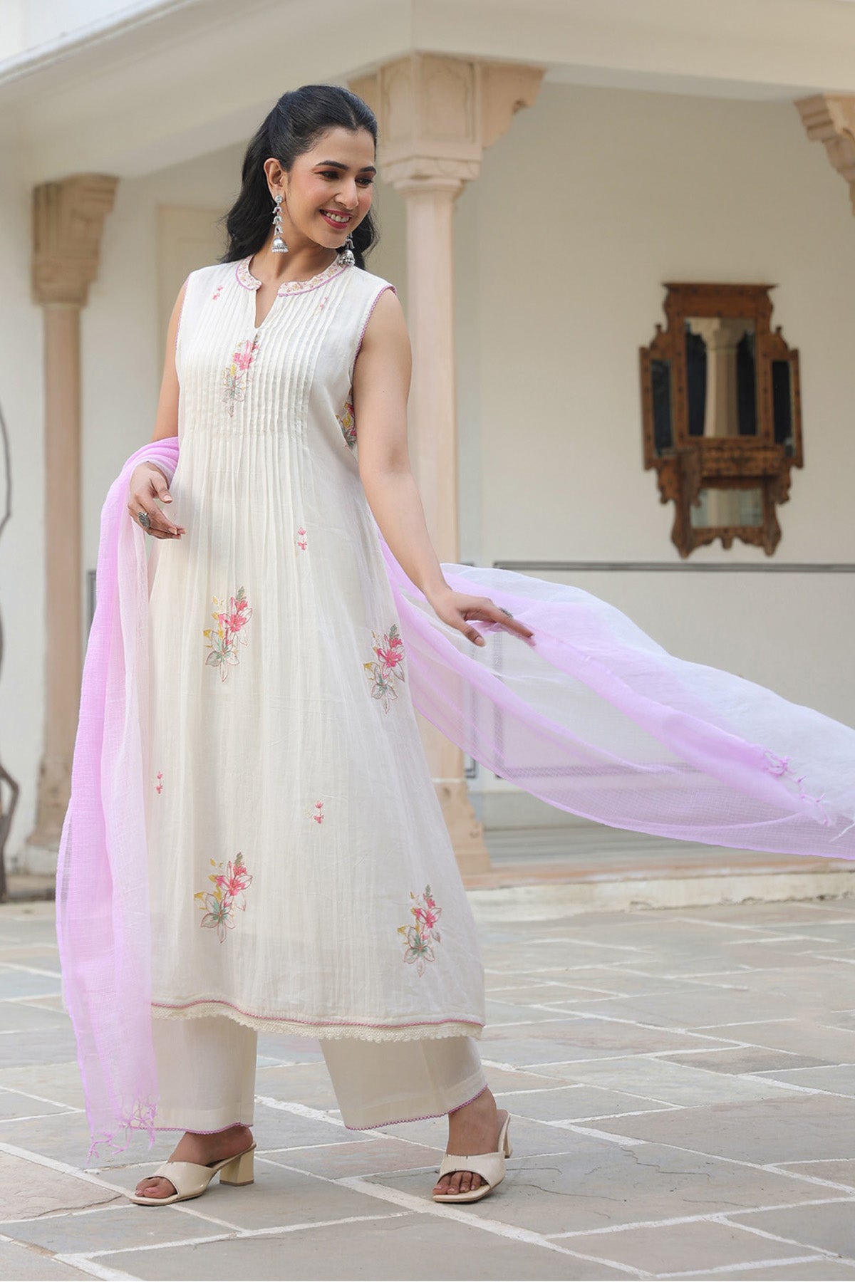 White Mul Mul Embroidered Anarkali Suit Set With Dupatta
