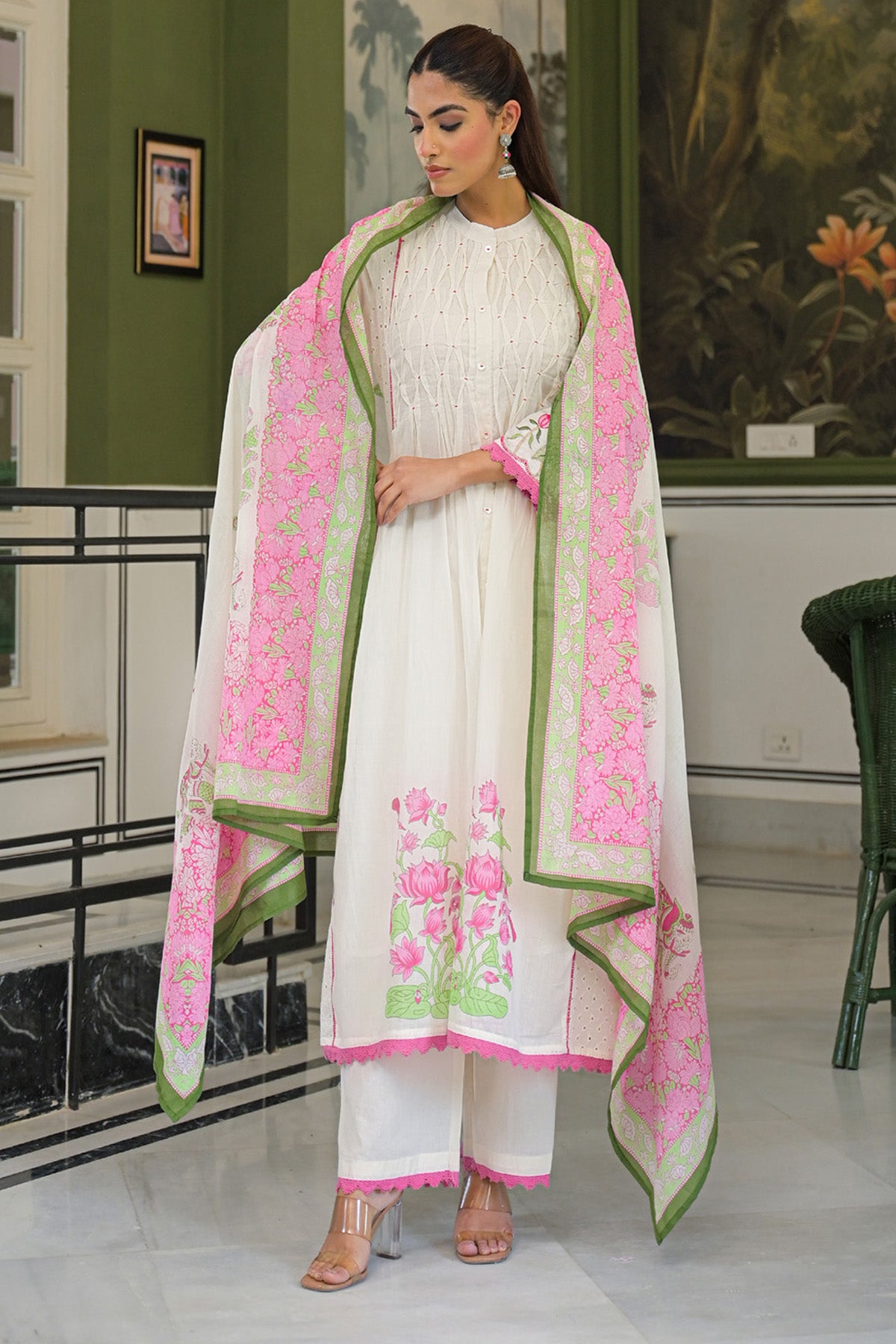 Pink Mul Mul Printed Anarkali Suit Set With Dupatta