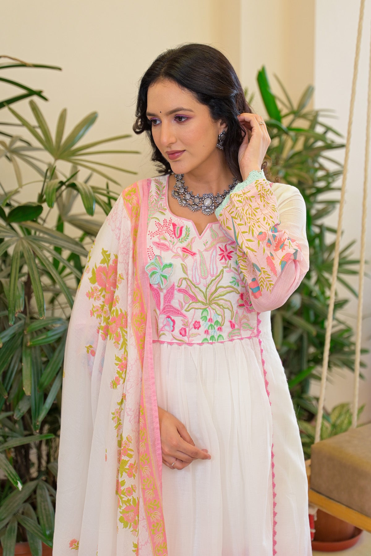Pink Mul Mul Embroidered Anarkali Suit Set With Dupatta